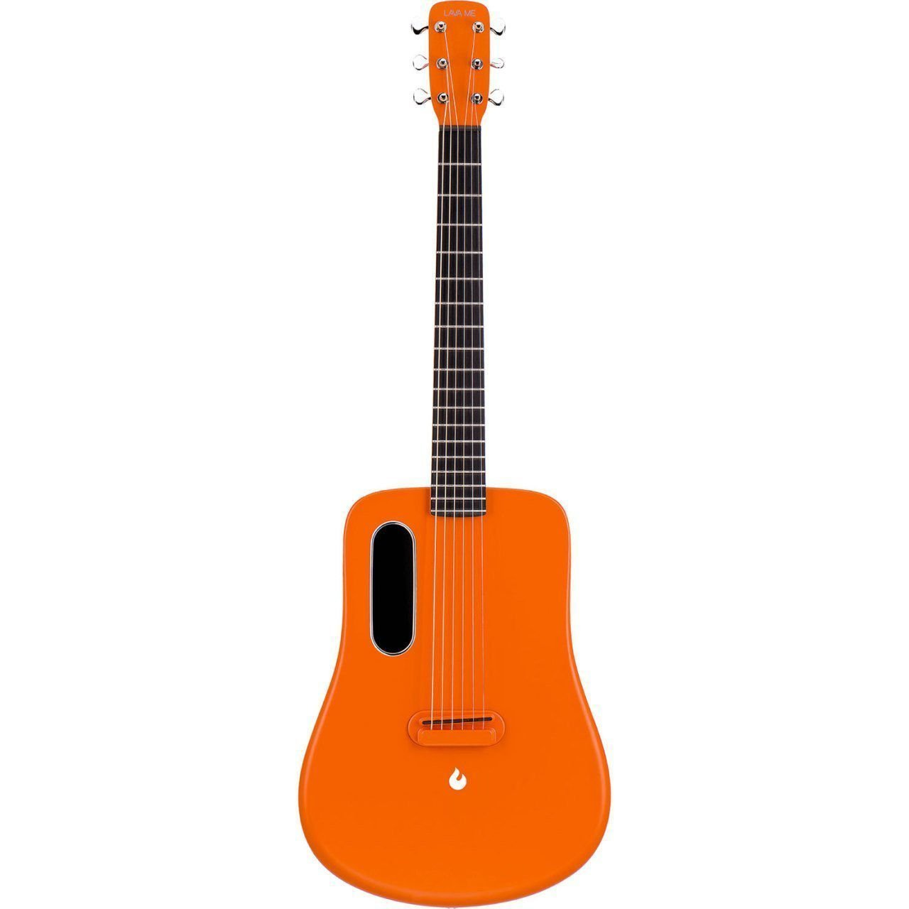 Siyah klavyeli ve telli parlak turuncu akustik gitar.