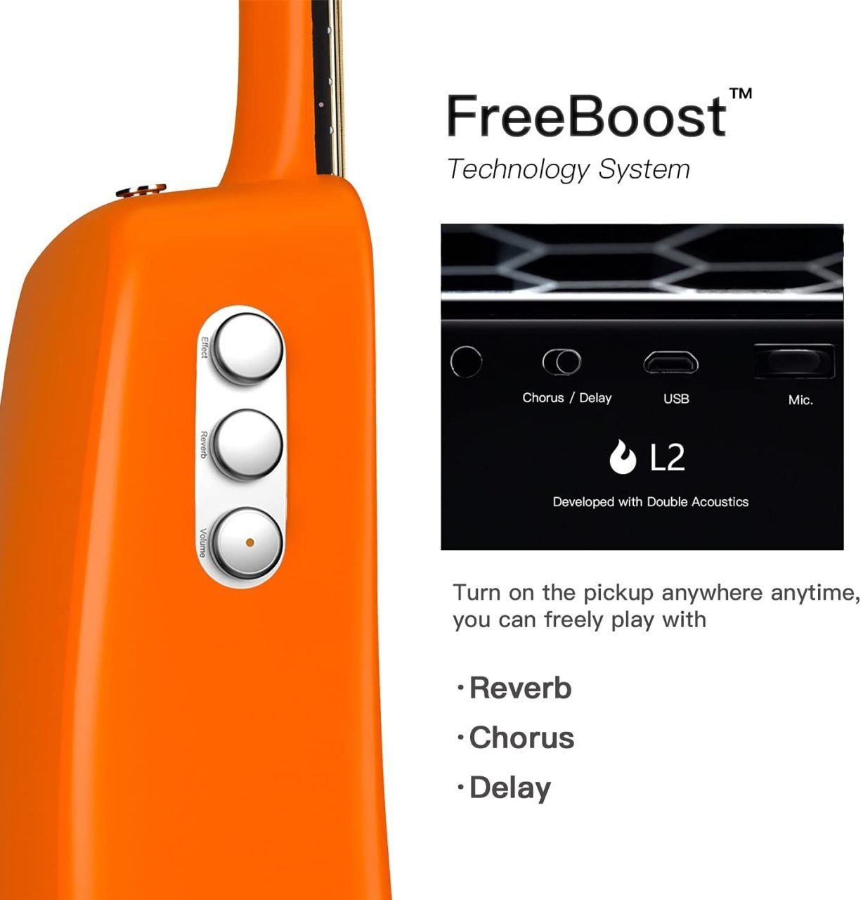Kontrol düğmeleri ve "FreeBoost" teknoloji ekranına sahip turuncu bir gitar.