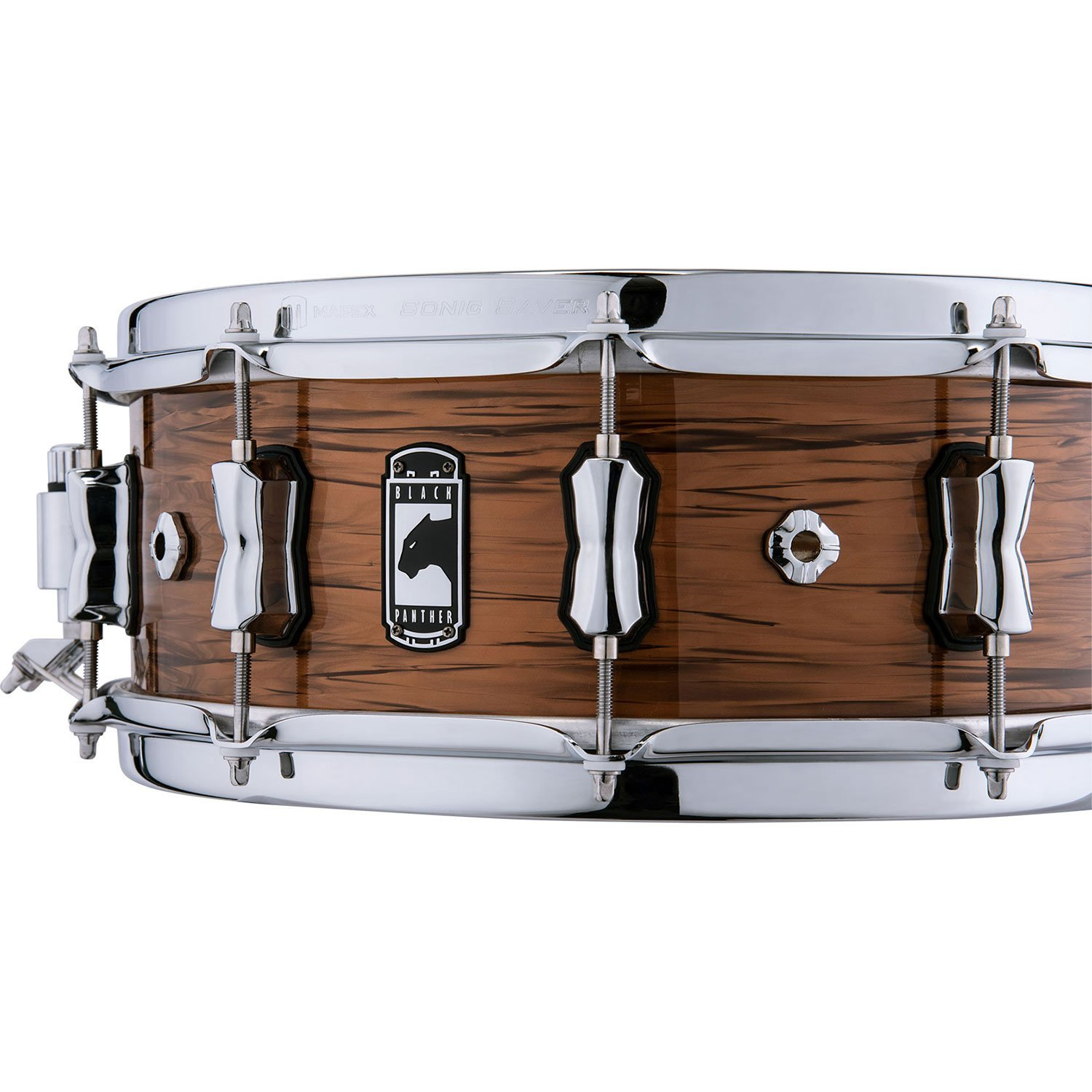 Kahverengi ahşap damarlı, krom donanımlı Mapex Black Panther trampet.