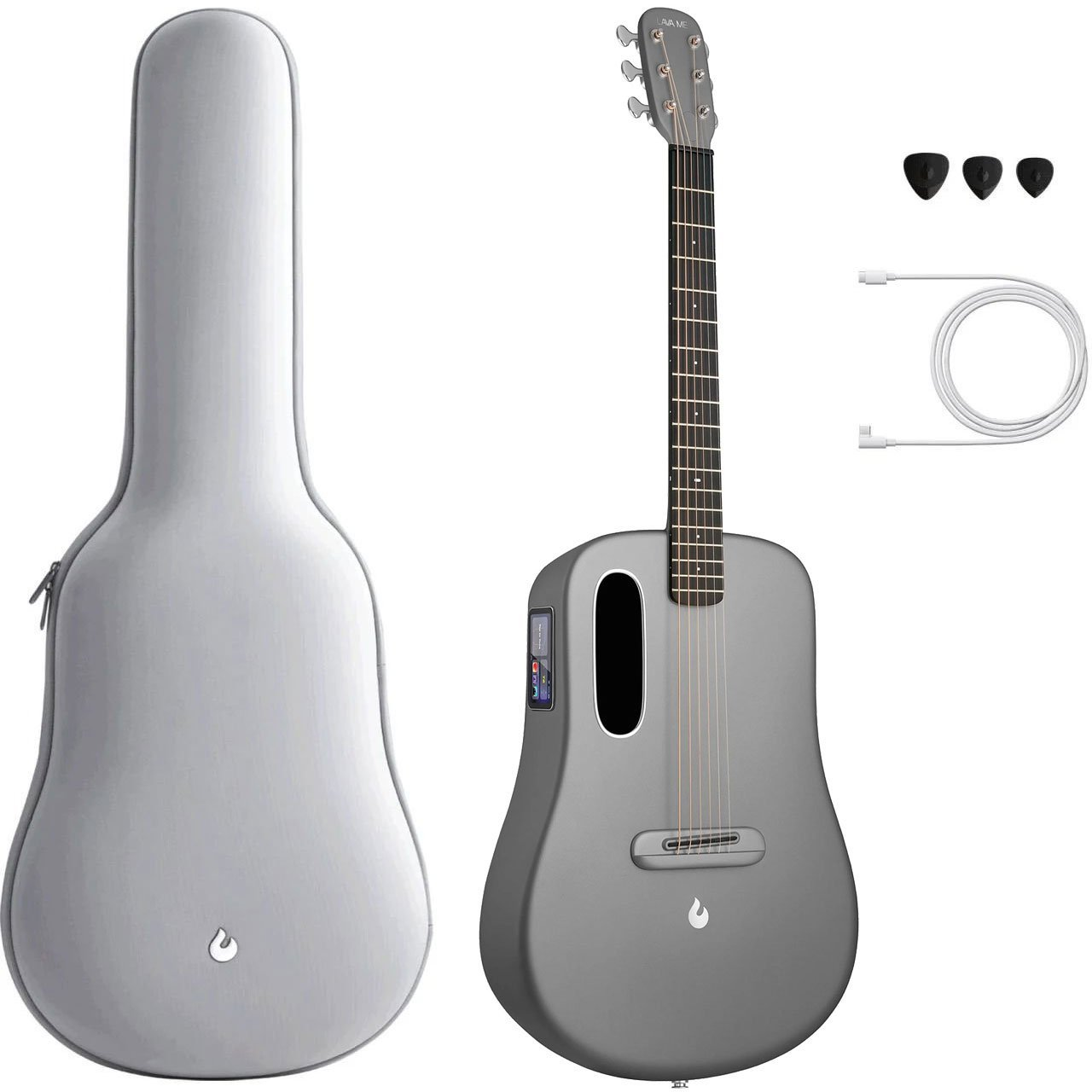 Gri gitar, kılıfı, pena ve şarj kablosu beyaz arka planda.