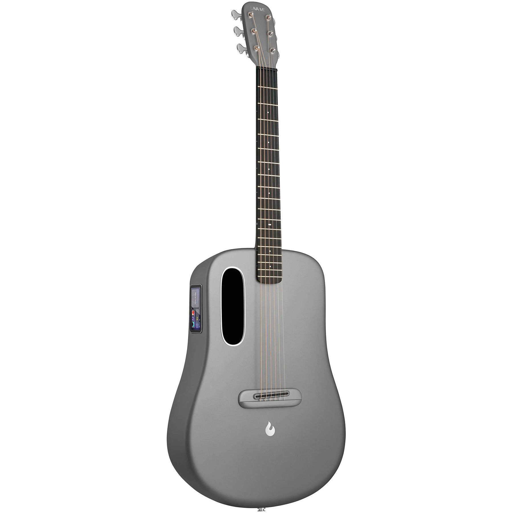 Siyah oval ses deliği ve dokunmatik ekrana sahip gri akustik gitar.