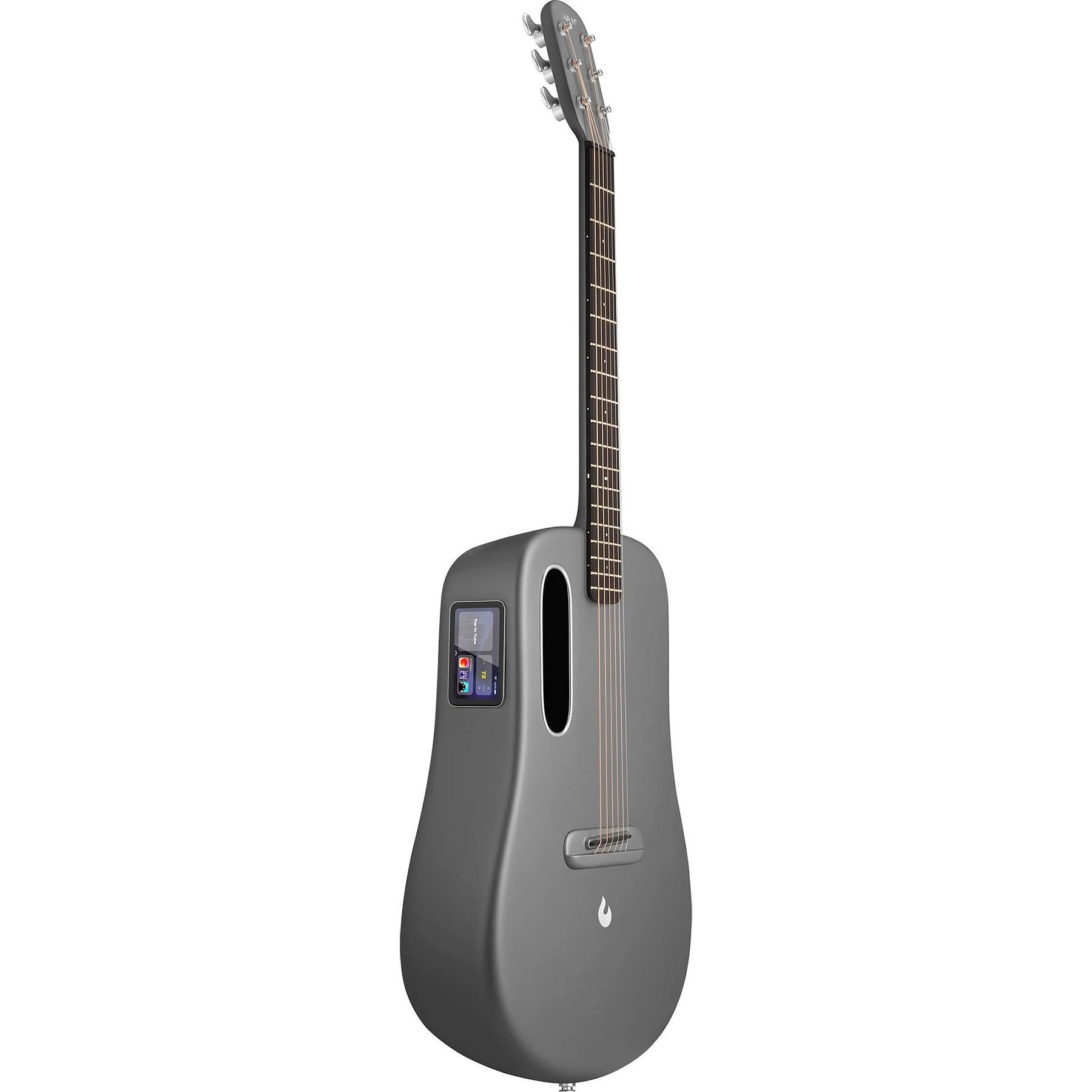 Dokunmatik ekranlı ve oval ses delikli gri akustik gitar.