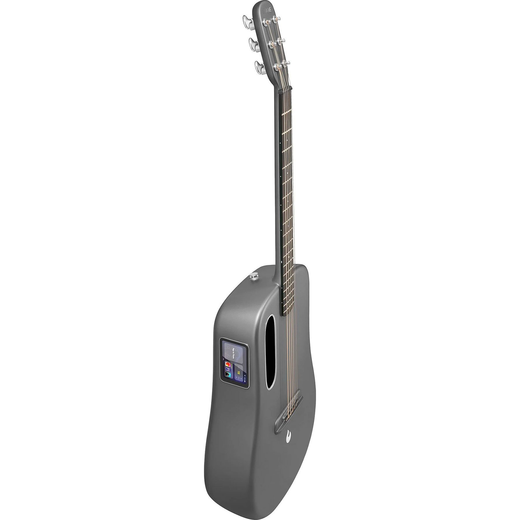 Dokunmatik ekranlı kontrol paneline ve gümüş akort burgularına sahip gri akustik gitar.