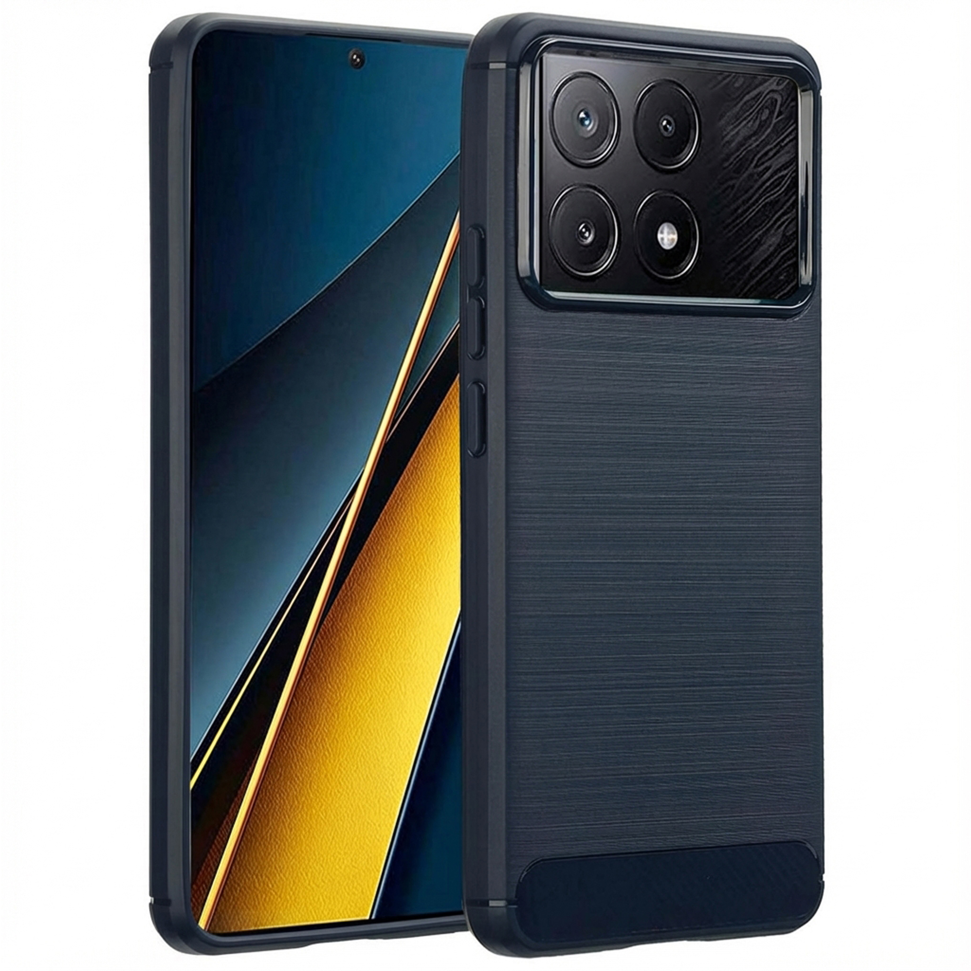 Telefono blu scuro con quattro fotocamere, schermo metallico sullo sfondo.