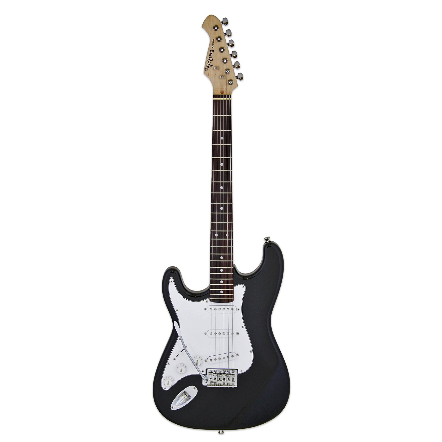 Beyaz pena korumalı ve gümüş donanımlı siyah elektro gitar, beyaz arka plan üzerinde.