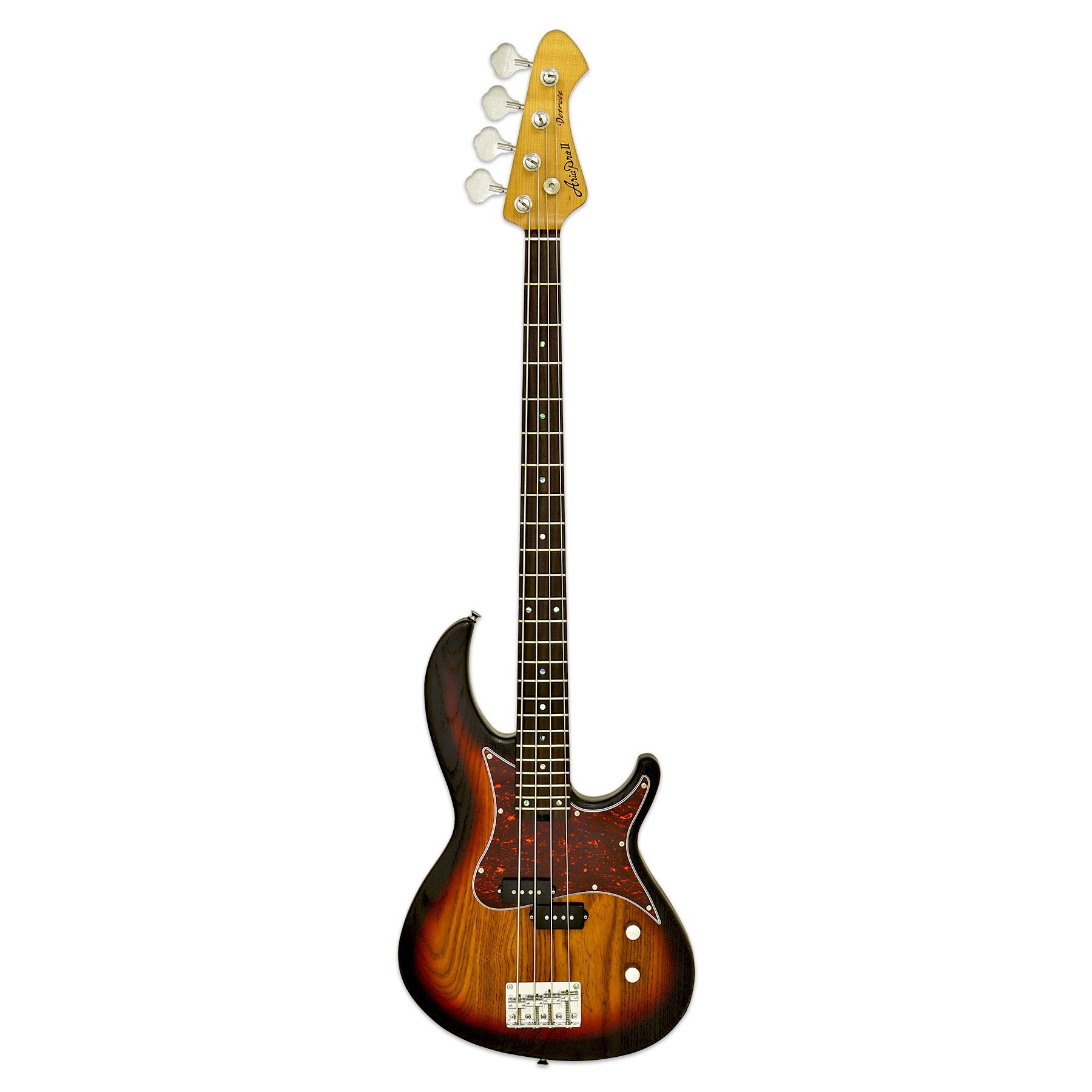 Kaplumbağa desenli pickguard ve sunburst bitişli kahverengi 4 telli bas gitar.