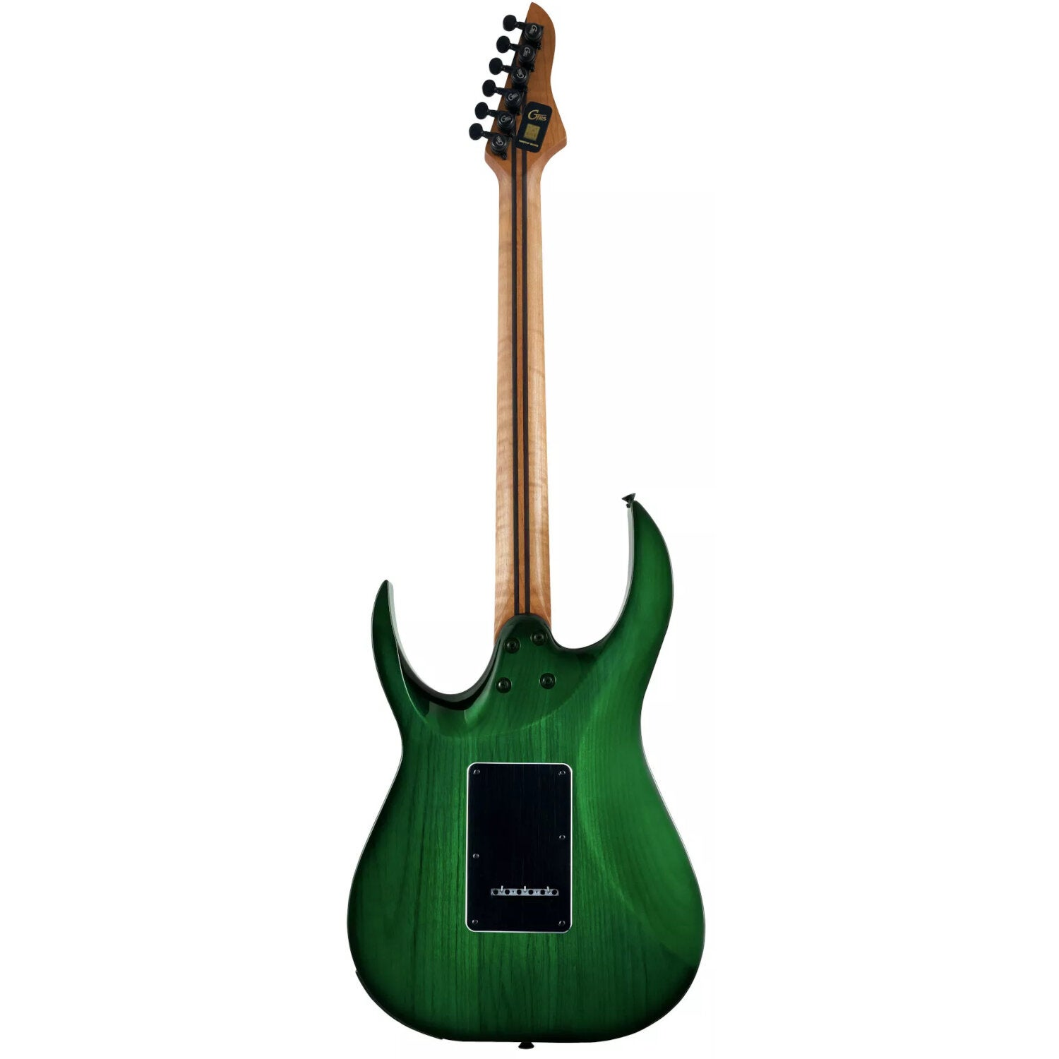 Siyah burgulu yeşil elektro gitarın arka görünümü, ahşap saplı.