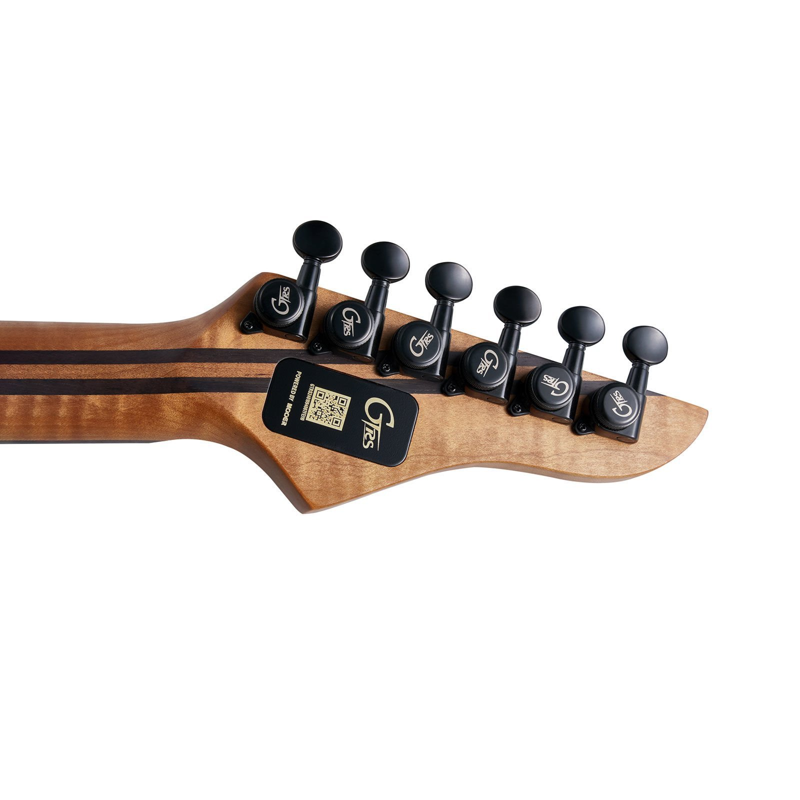 Altı siyah akort burgusu ve siyah etiketi olan gitar sapı.