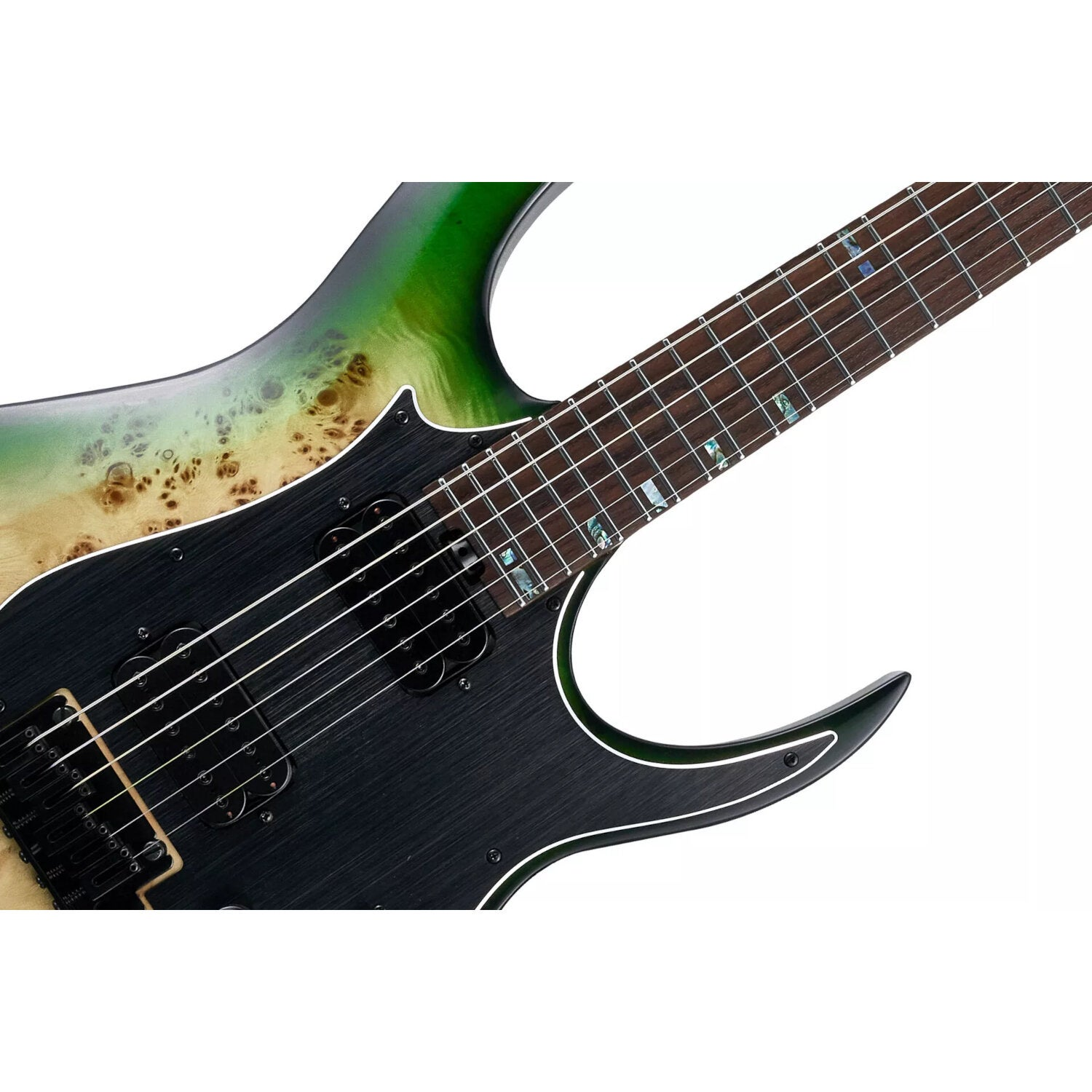 Yeşil degrade, ahşap damarlı ve siyah manyetikli elektro gitar.