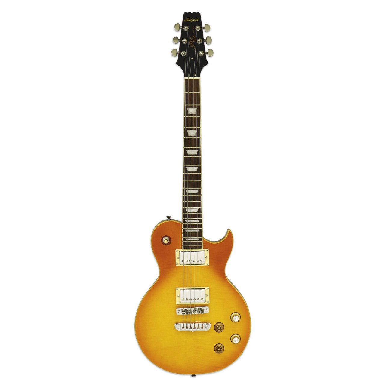 Beyaz arka plan üzerinde güneşte kararmış bitişli elektro gitar.