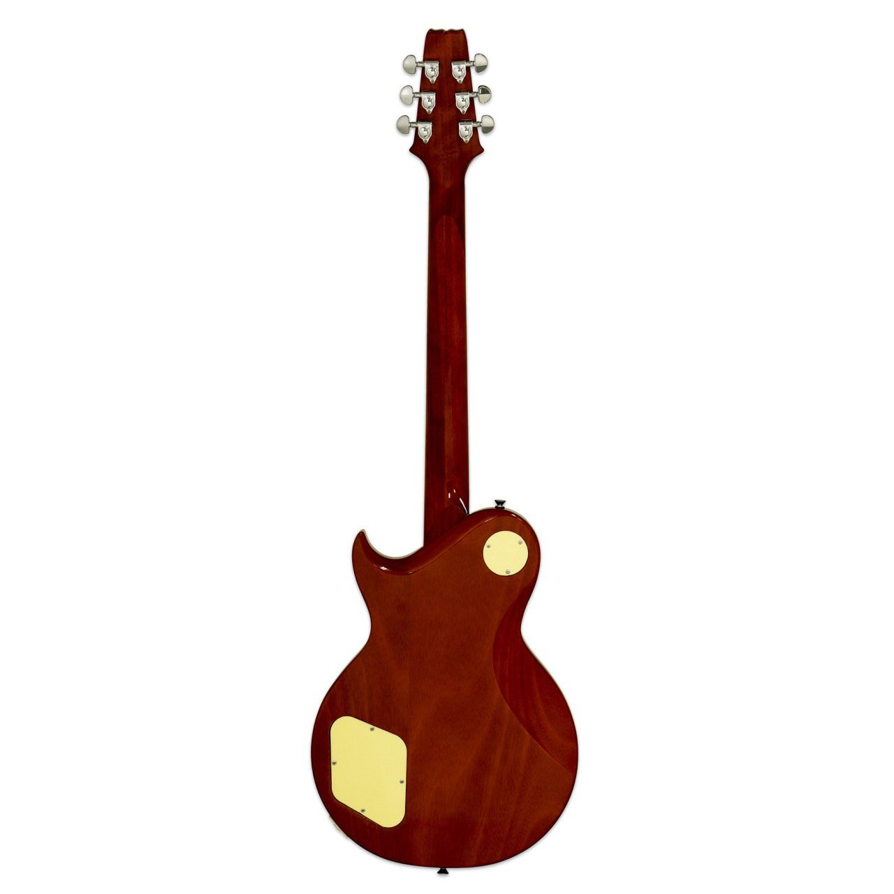 Altı akort burgusu ve gümüş akort mandallı kahverengi elektro gitarın arka görünümü.