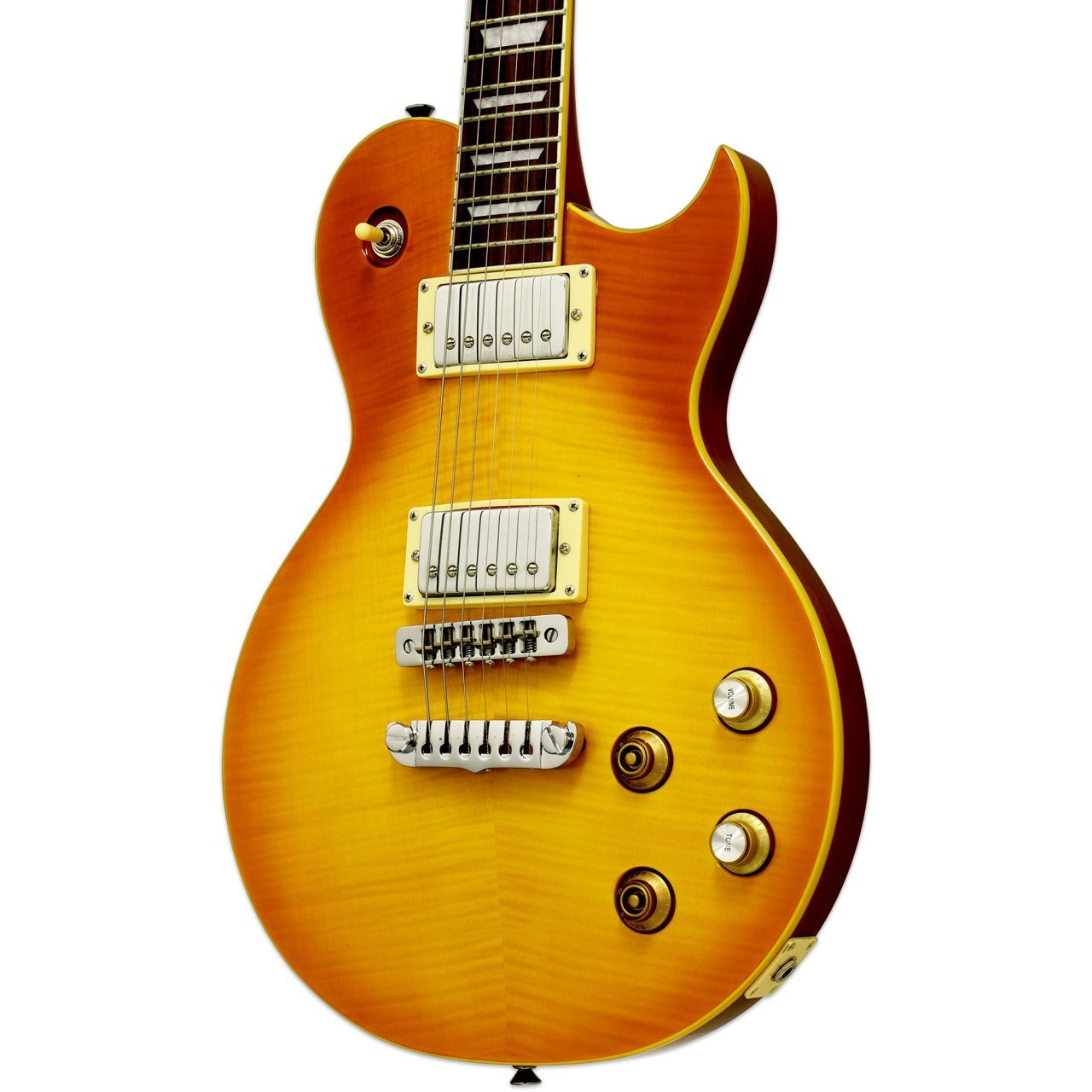 Güneş patlaması bitişli, krom donanımlı, dört düğmeli elektro gitar.