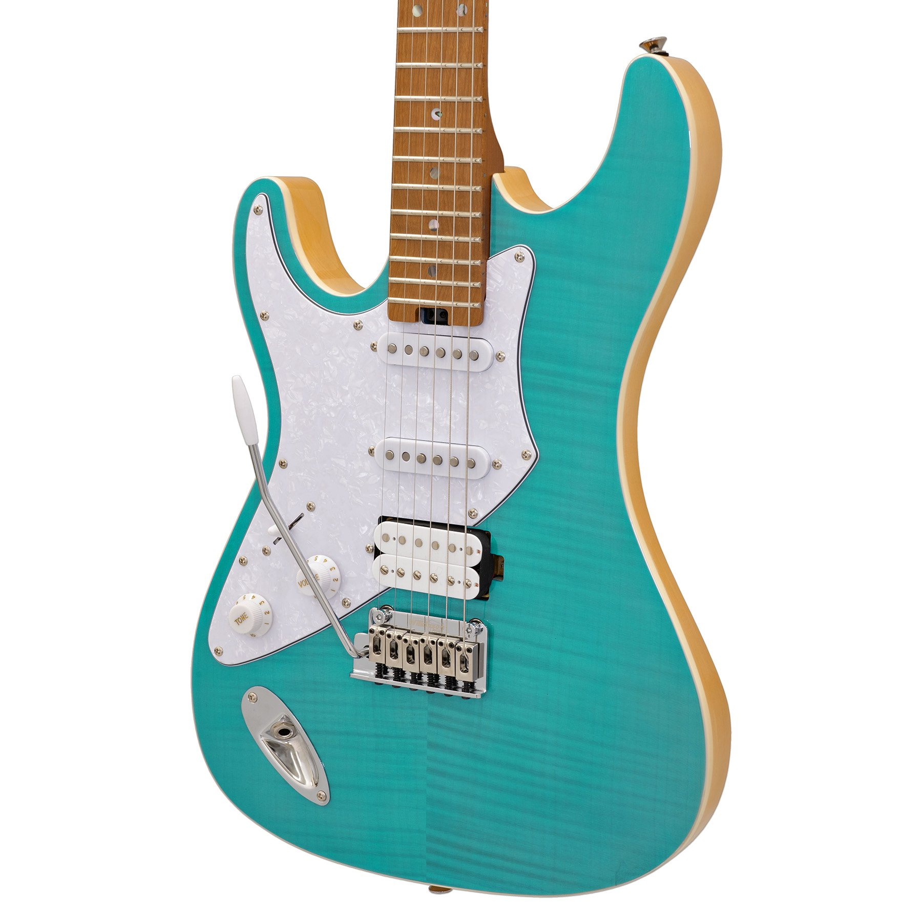 Beyaz pena korumalı, gümüş köprülü, ahşap klavyeli turkuaz elektro gitar.