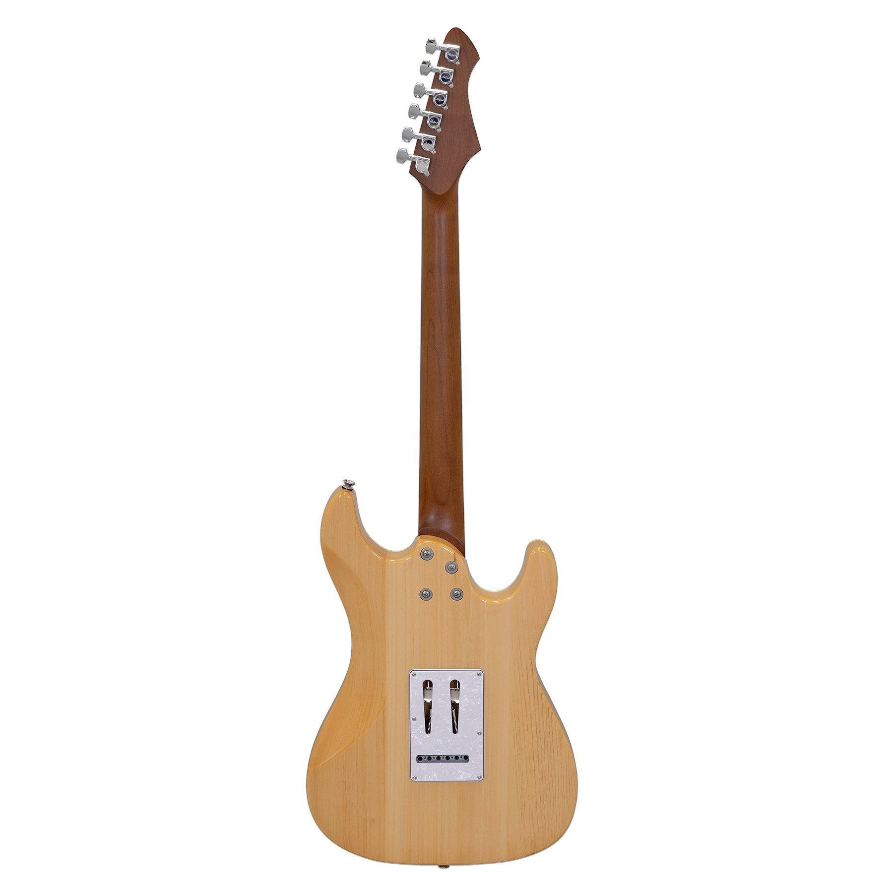 Açık ahşap gövdeli, kahverengi saplı ve gümüş akort burgulu elektro gitarın arka görünümü.