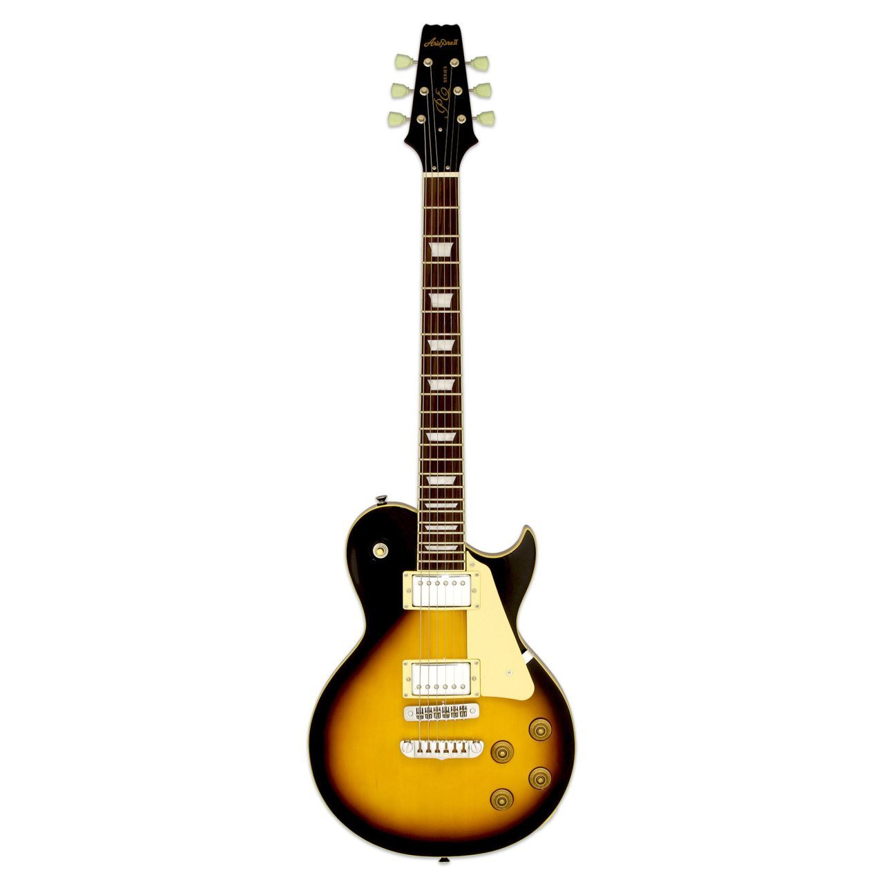 Güneş patlaması kaplamalı, siyah ve krem ​​detaylı elektro gitar.