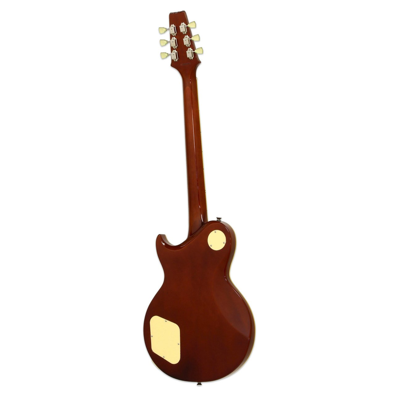 Krem renkli plakalı kahverengi elektro gitar sapı ve gövdesi beyaz arka planda.