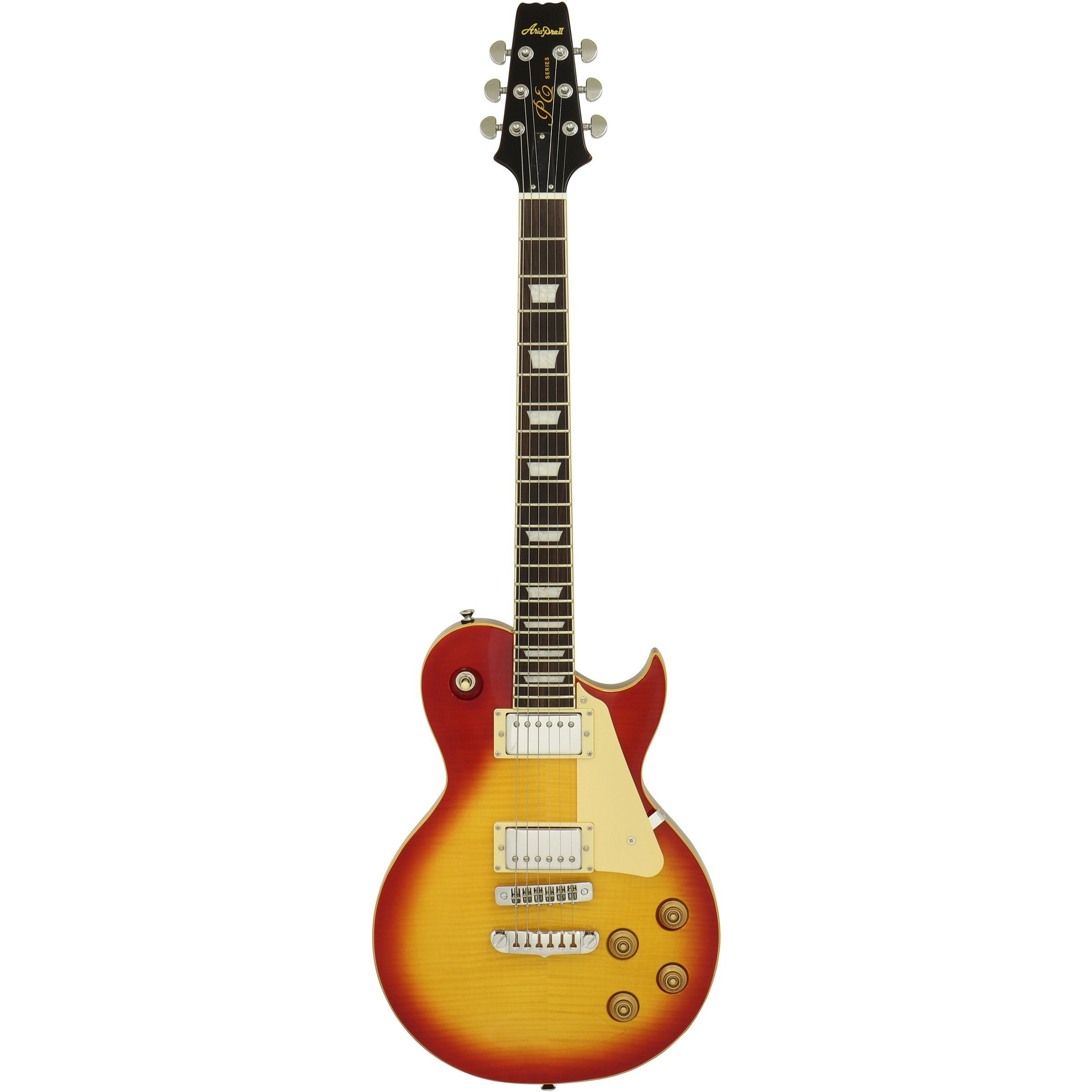 Kırmızı ve sarı güneş patlaması bitişli, krem rengi pena korumalı, gümüş donanımlı elektro gitar.