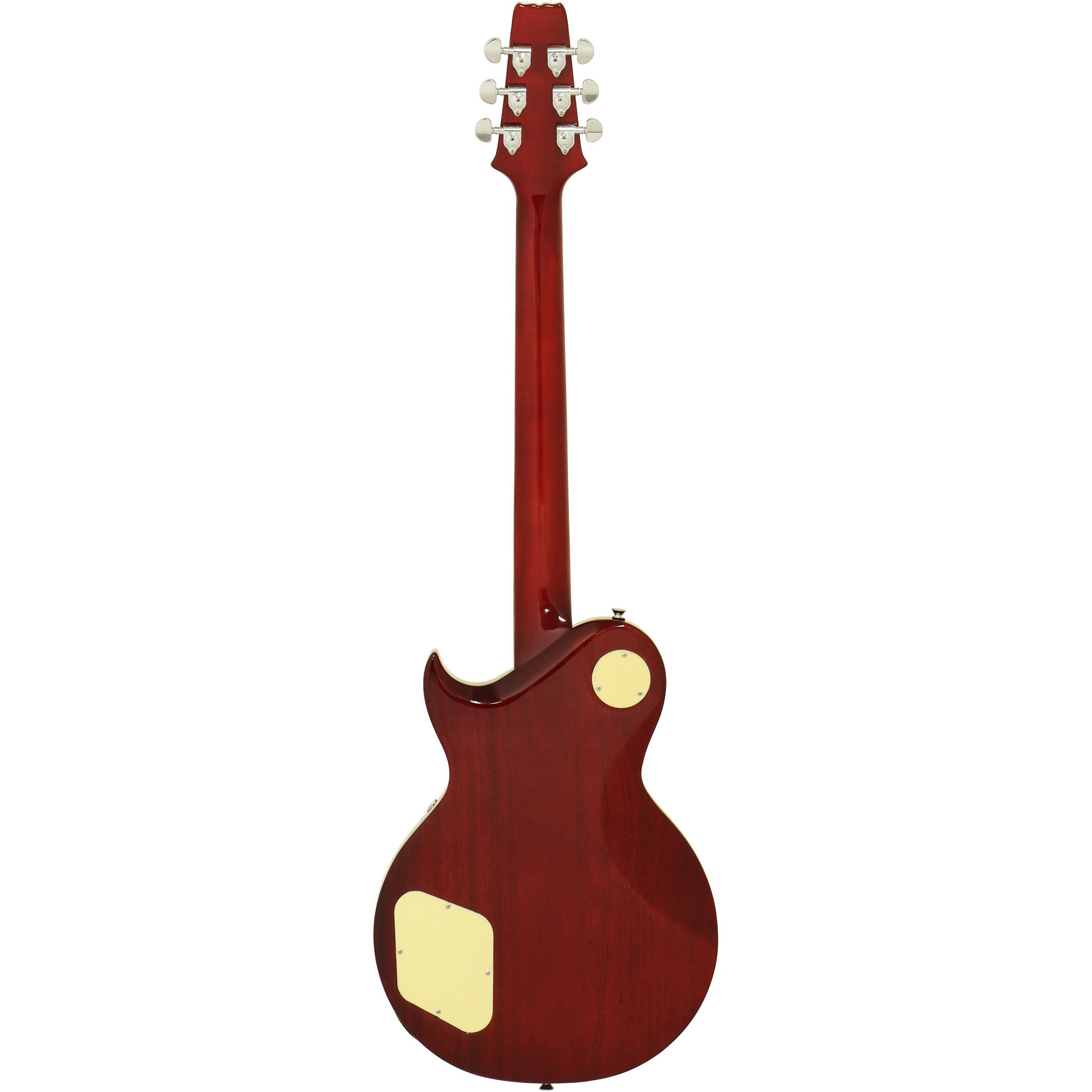 Gümüş burgulu ve krem kapaklı kırmızı elektro gitarın arka görünümü.
