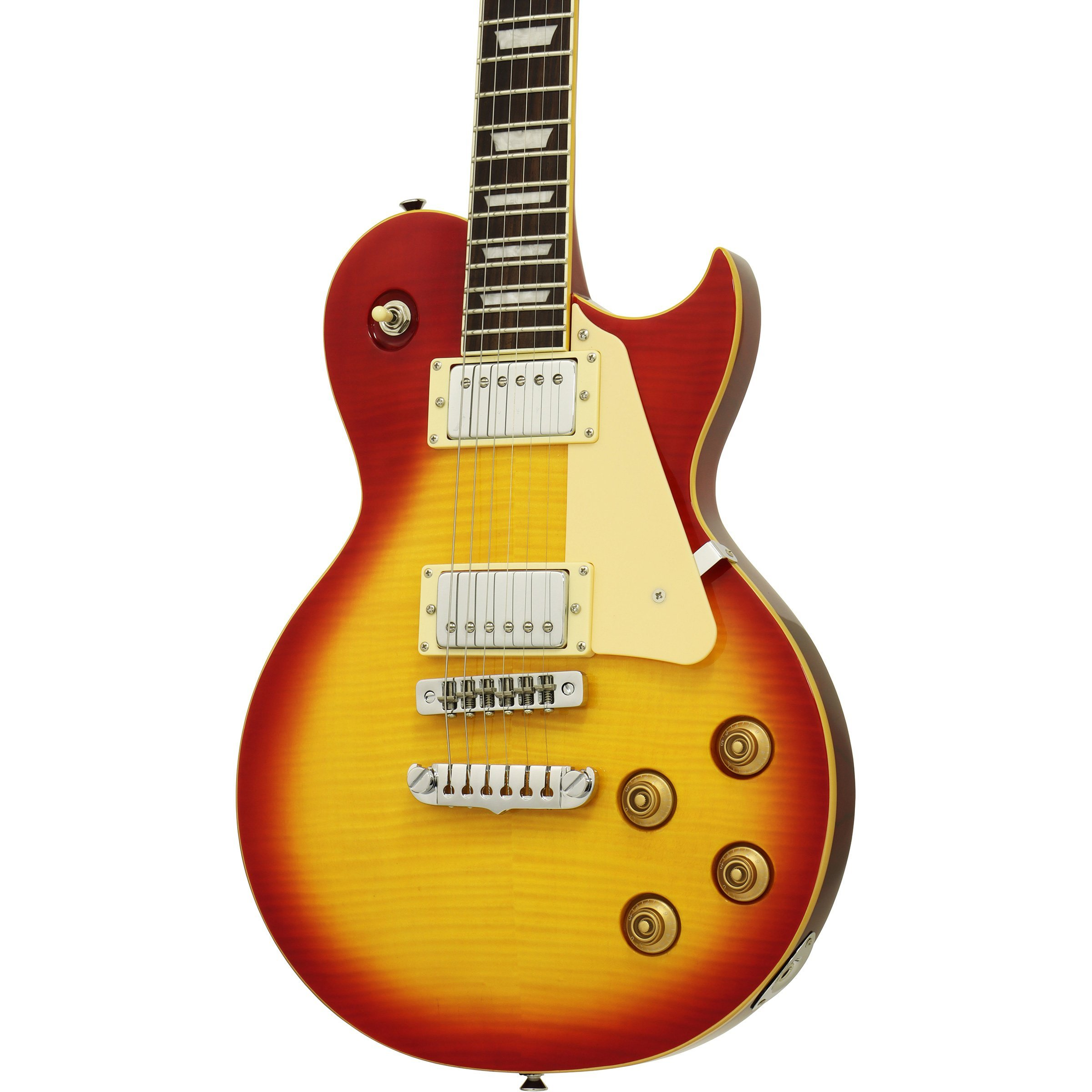 Kırmızıdan sarıya renk geçişli, altı telli ve altın rengi düğmeli bir elektro gitar.