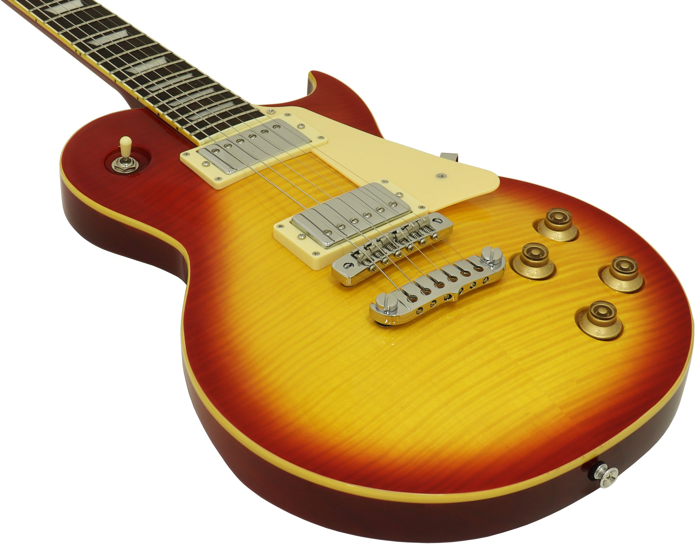 Krem pena korumalı ve krom donanımlı, güneşi batmış renkli elektro gitar.