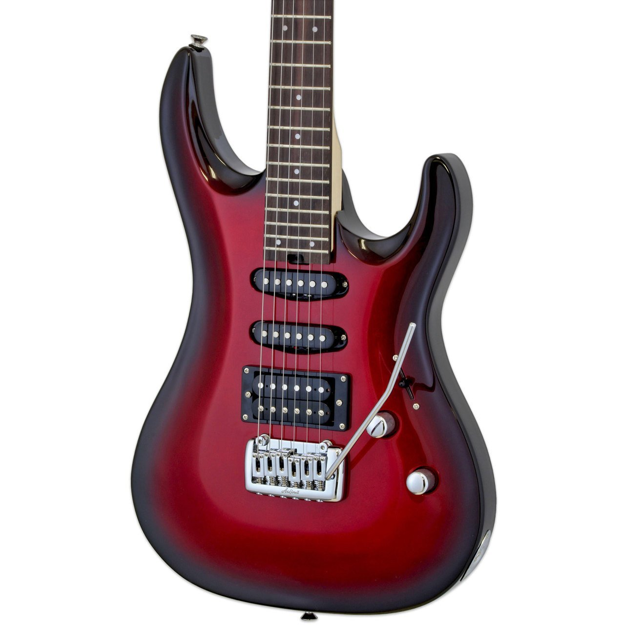 Beyaz arka plan üzerinde siyah detaylı kırmızı elektro gitar.