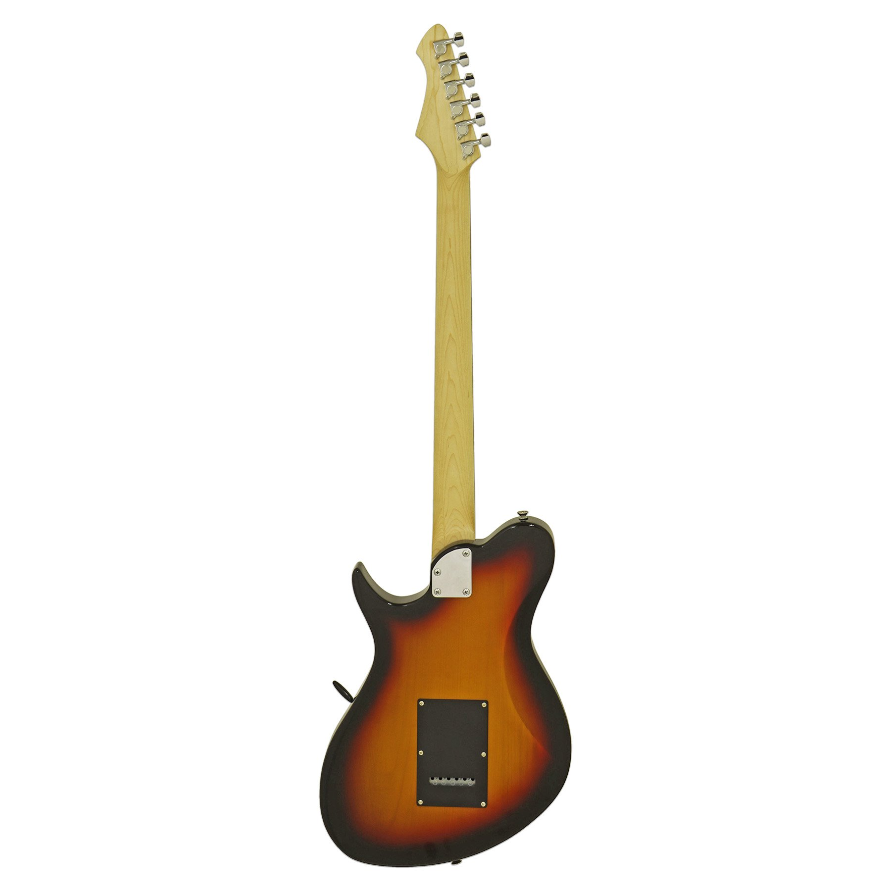 Açık kahverengi saptaki altı gümüş akort burgulu, ahşap damarlı elektro gitar sapı.