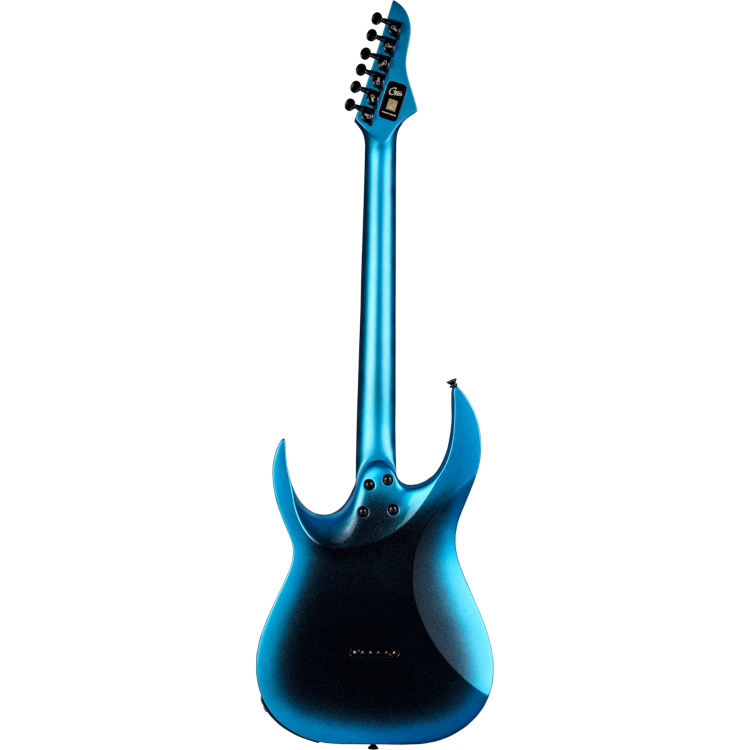 Metalik mavi elektro gitar, siyah sap ve başlığıyla.