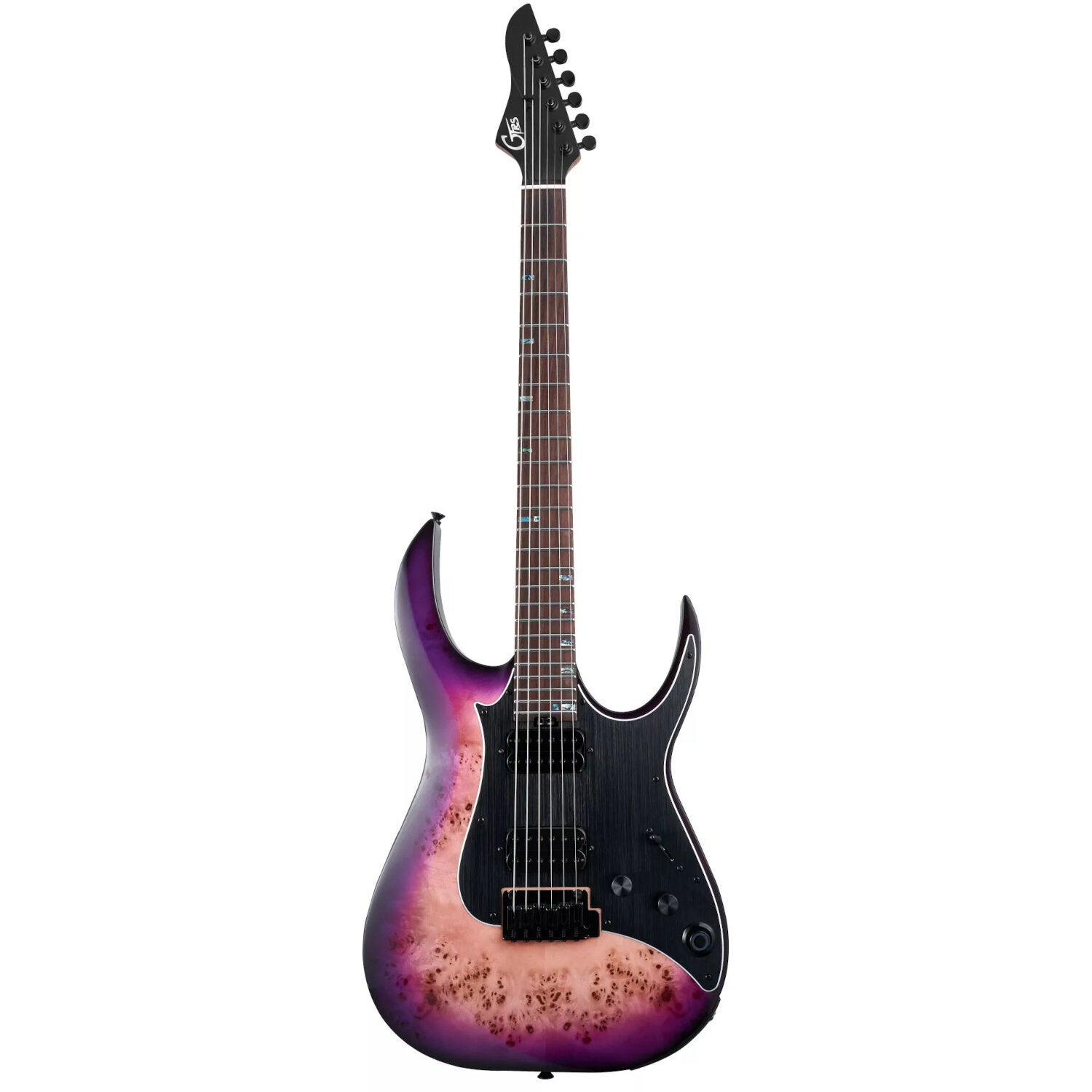 Mor-pembe gövdeli, siyah saplı elektro gitar.