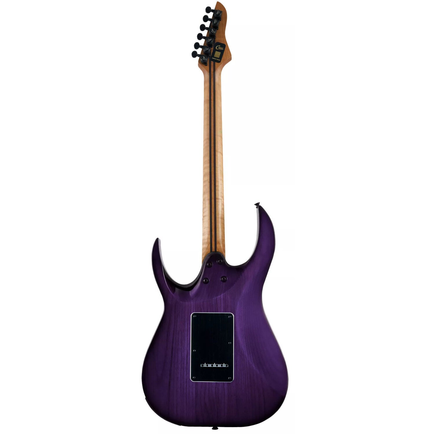 Ahşap damarlı mor elektrik gitarın arka görünümü, siyah akort burguları.