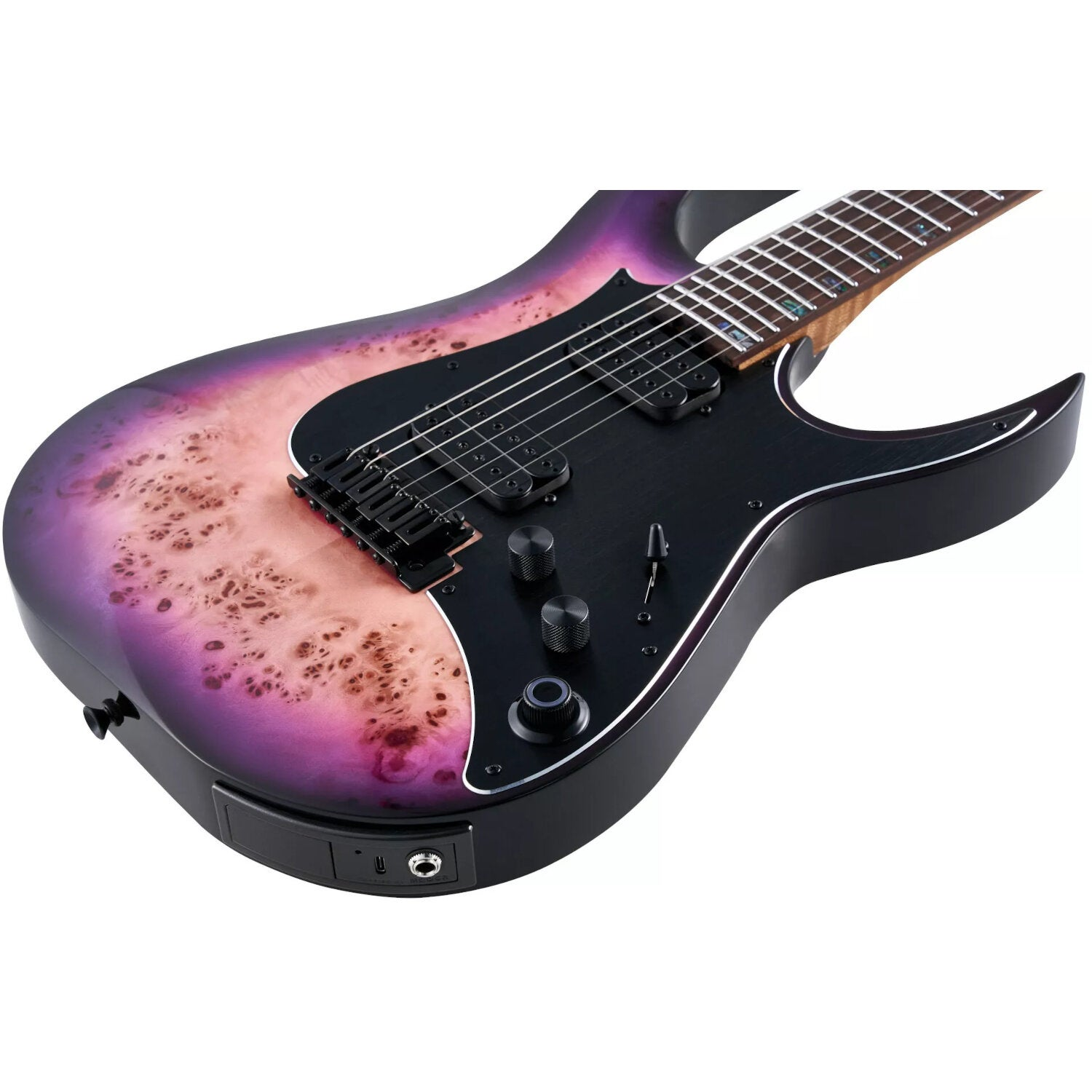 Mor/pembe gövdeli, siyah donanımlı, altı telli elektro gitar.