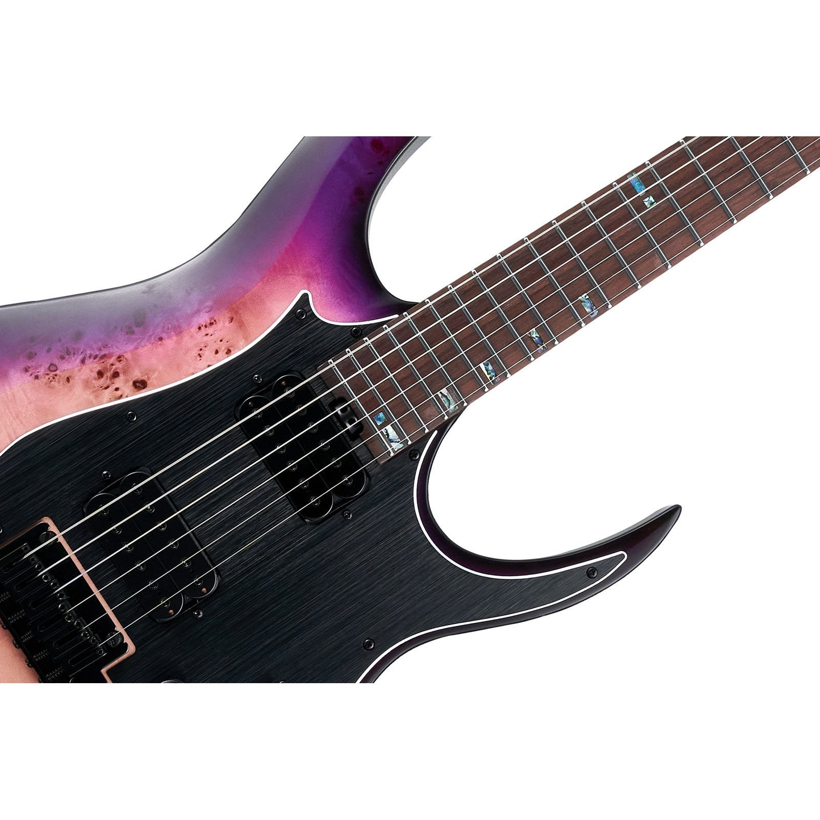 Koyu klavyeli, altı telli ve kakmalı elektro gitar sapı.