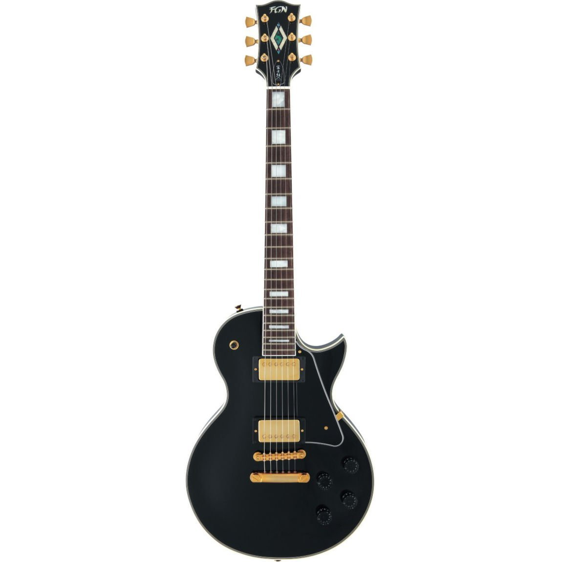 Altın donanımlı, siyah elektro gitar ve klavyesinde beyaz kakmalar.