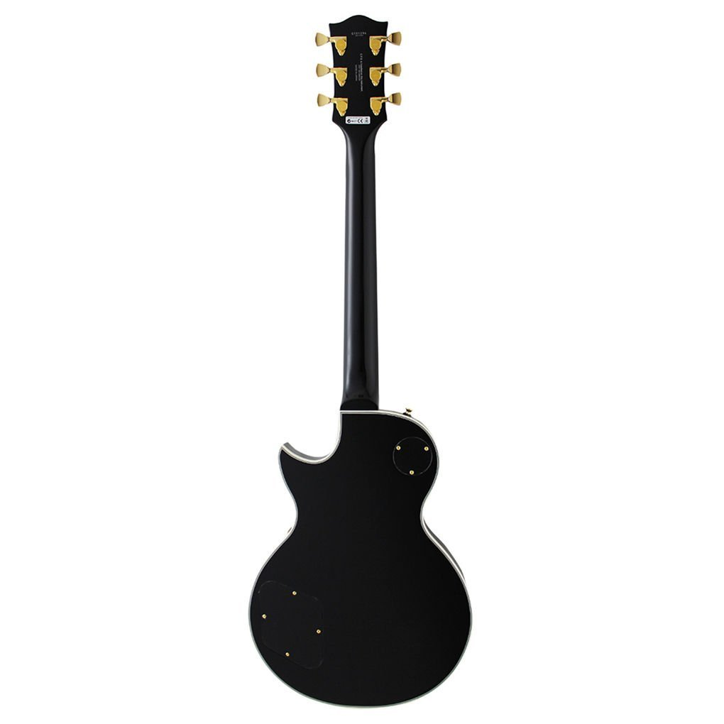 Altın akort burguları ve gümüş aksanlara sahip siyah elektro gitarın arka görünümü.