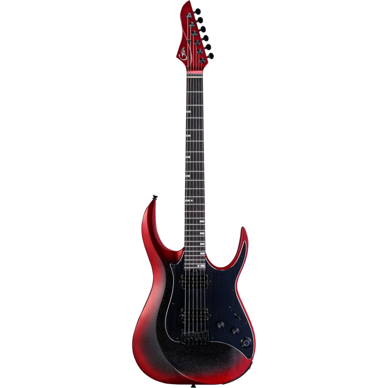 Altı telli, gümüş burgulu kırmızı ve siyah elektro gitar.