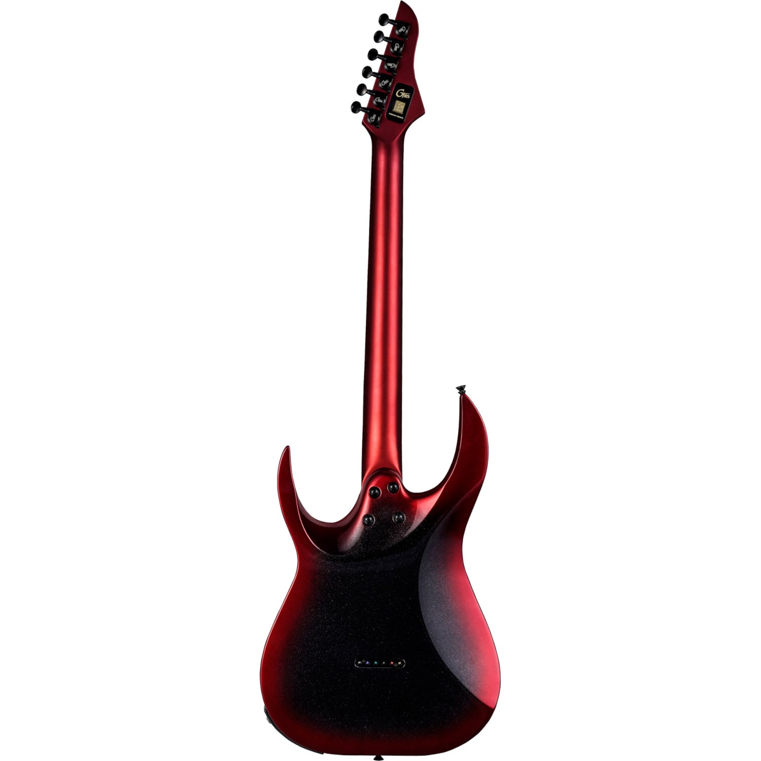 Siyah aksanlar ve 9z9lt9ler i9in k9rm9z9 elektro gitar, beyaz arka plan.