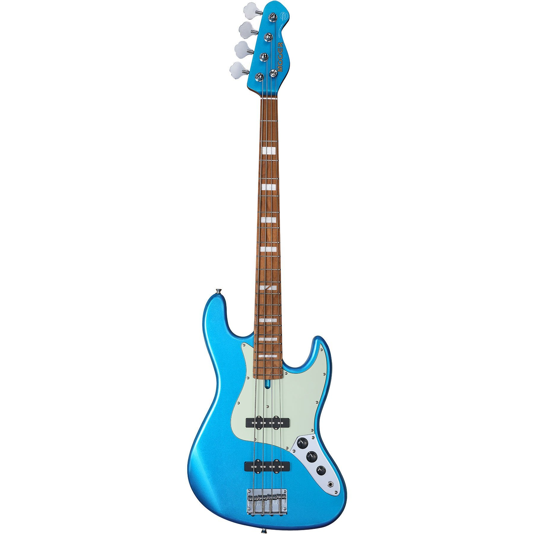 Parlak mavi bas gitar, beyaz pena koruyucusu ve kahverengi klavyeli.