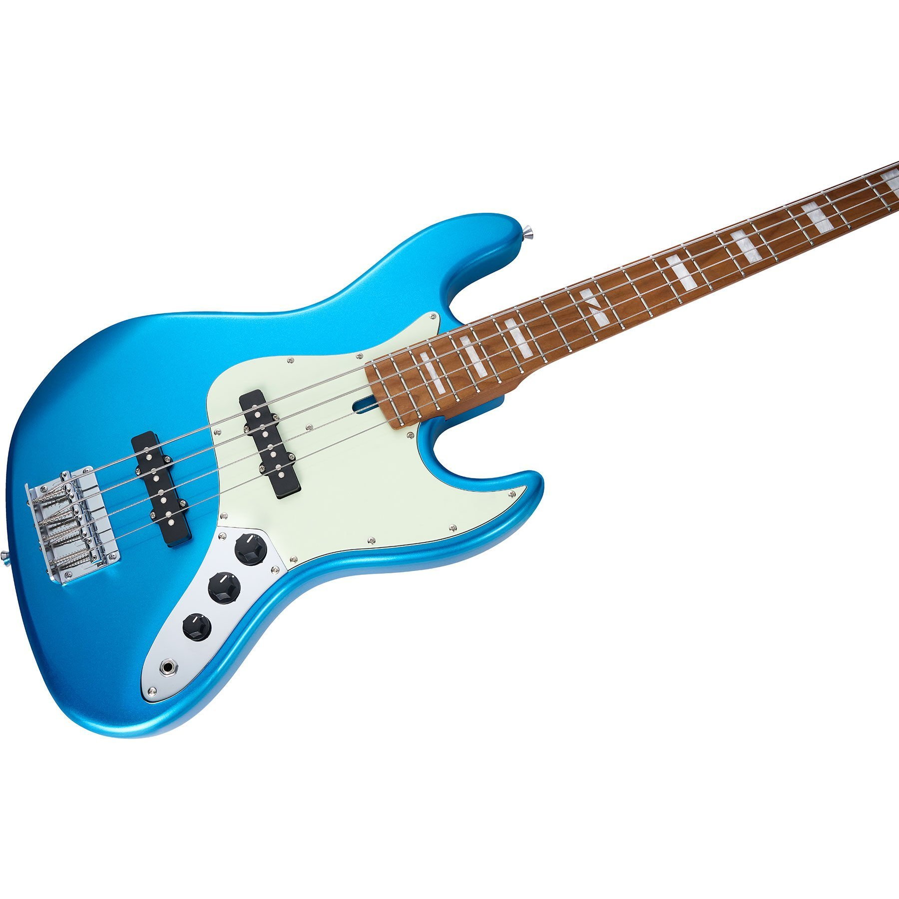 Açık pena korumalı ve kahverengi klavyeli parlak mavi bas gitar.