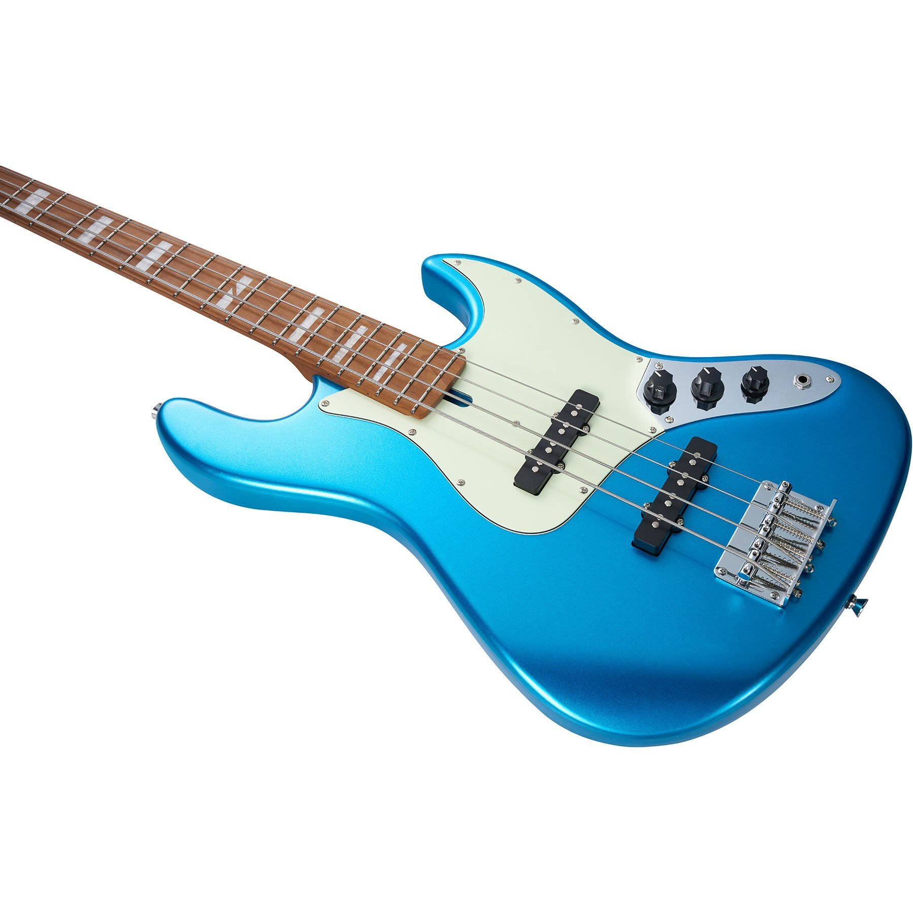 Açık pena koruyuculu ve gümüş donanımlı mavi elektro bas gitar.