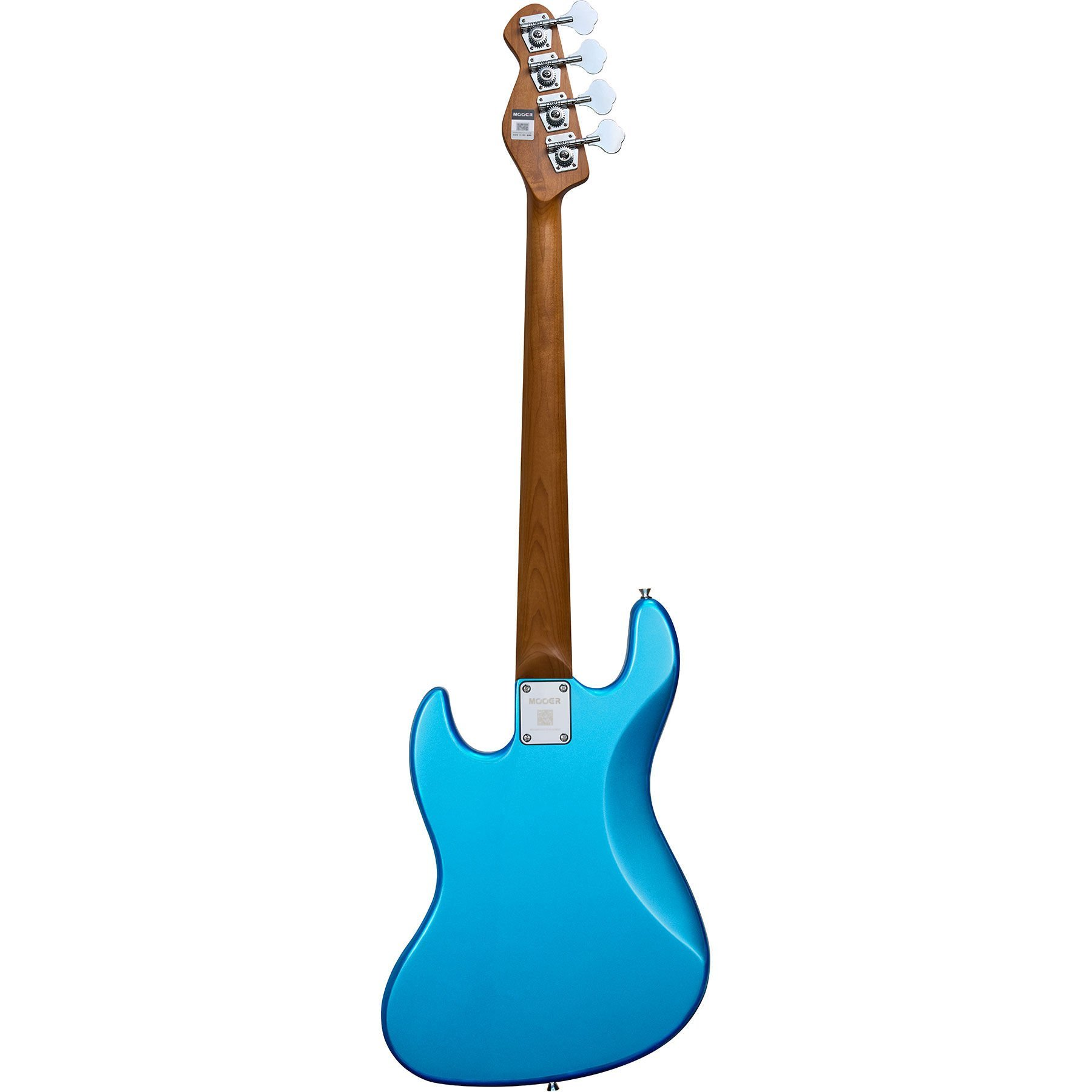 Ahşap desenli sapı ve gümüş burguları olan mavi bas gitar.