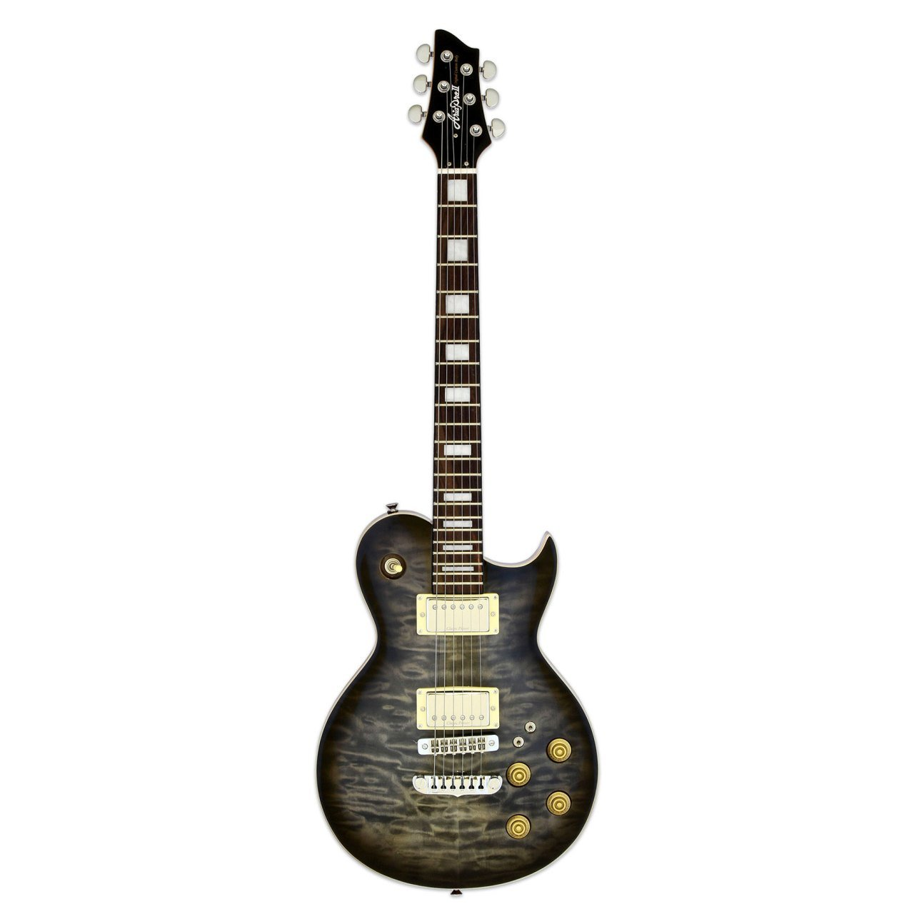 Gümüş burgulara ve beyaz perde işaretlerine sahip koyu renkli elektro gitar.