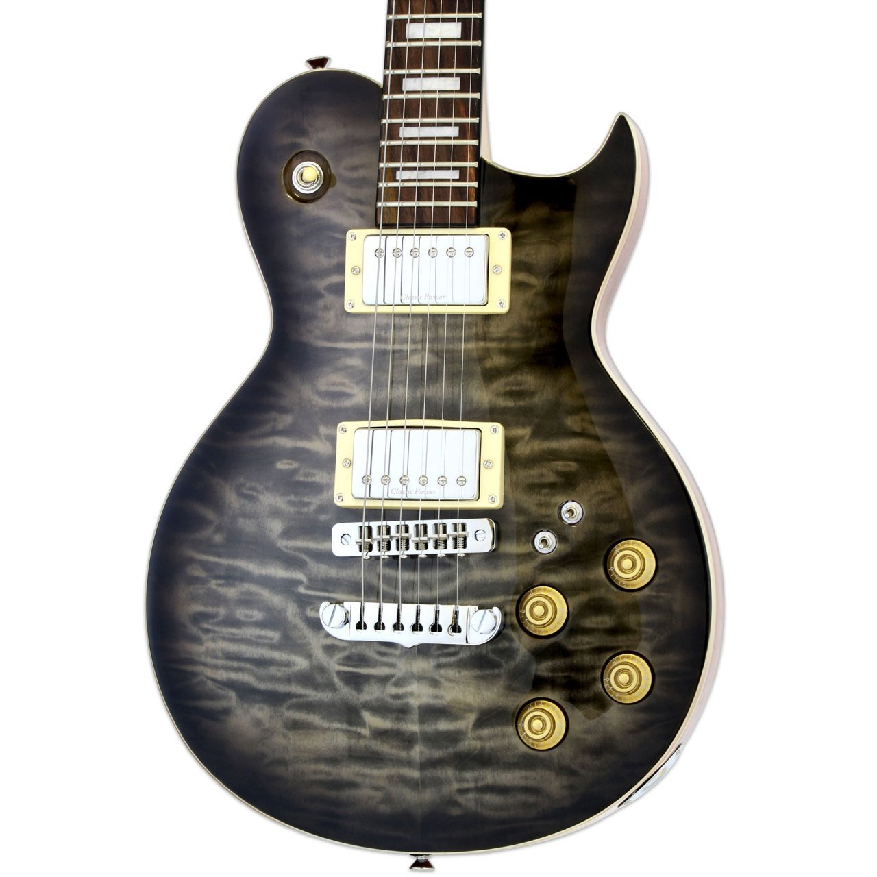 Ahşap damarlı ve altın düğmeli koyu renkli elektro gitar.