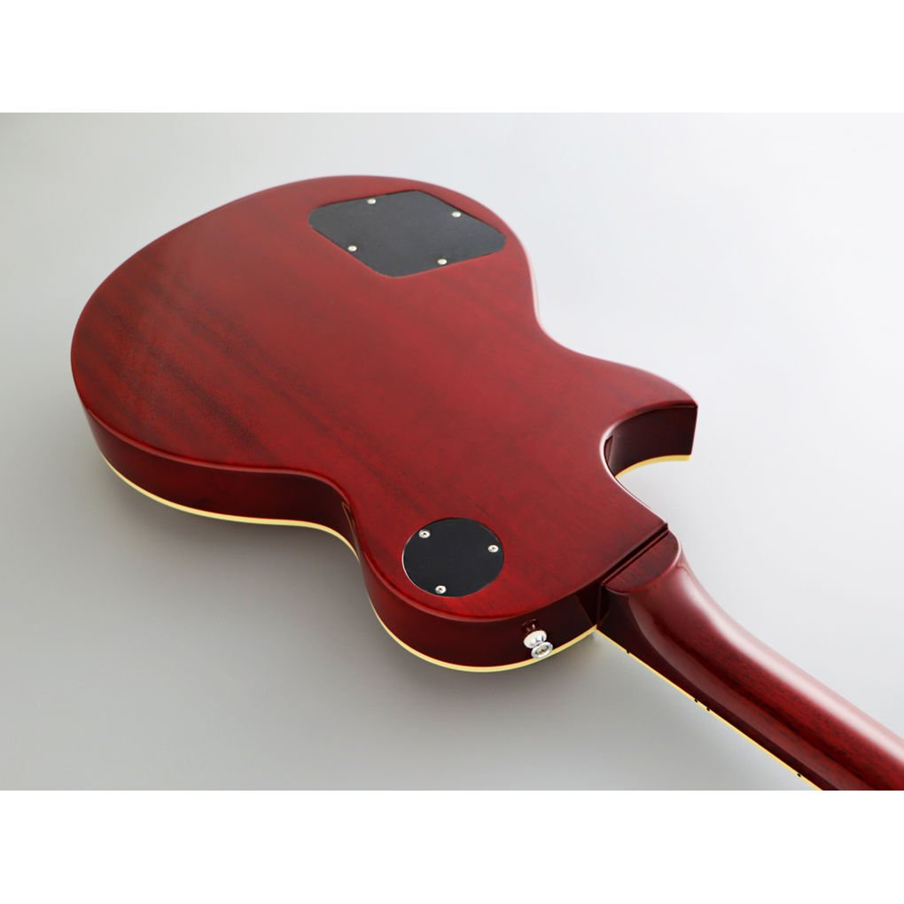İki siyah kapaklı kırmızı elektro gitarın arka yüzü ve sapı.