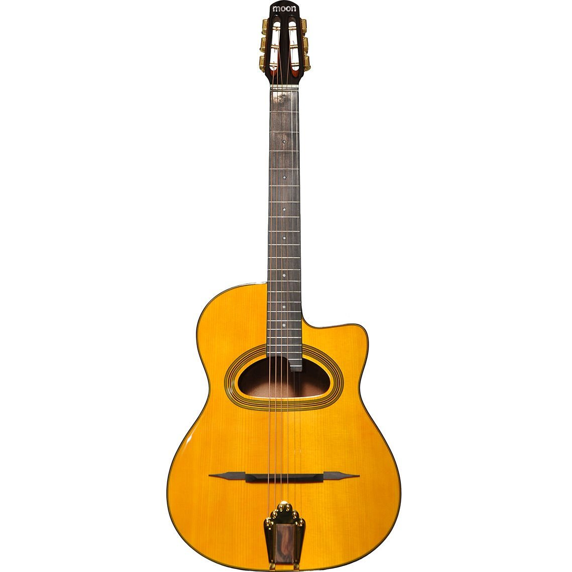 Oval ses deliği ve siyah köprüsü olan altın rengi akustik gitar.