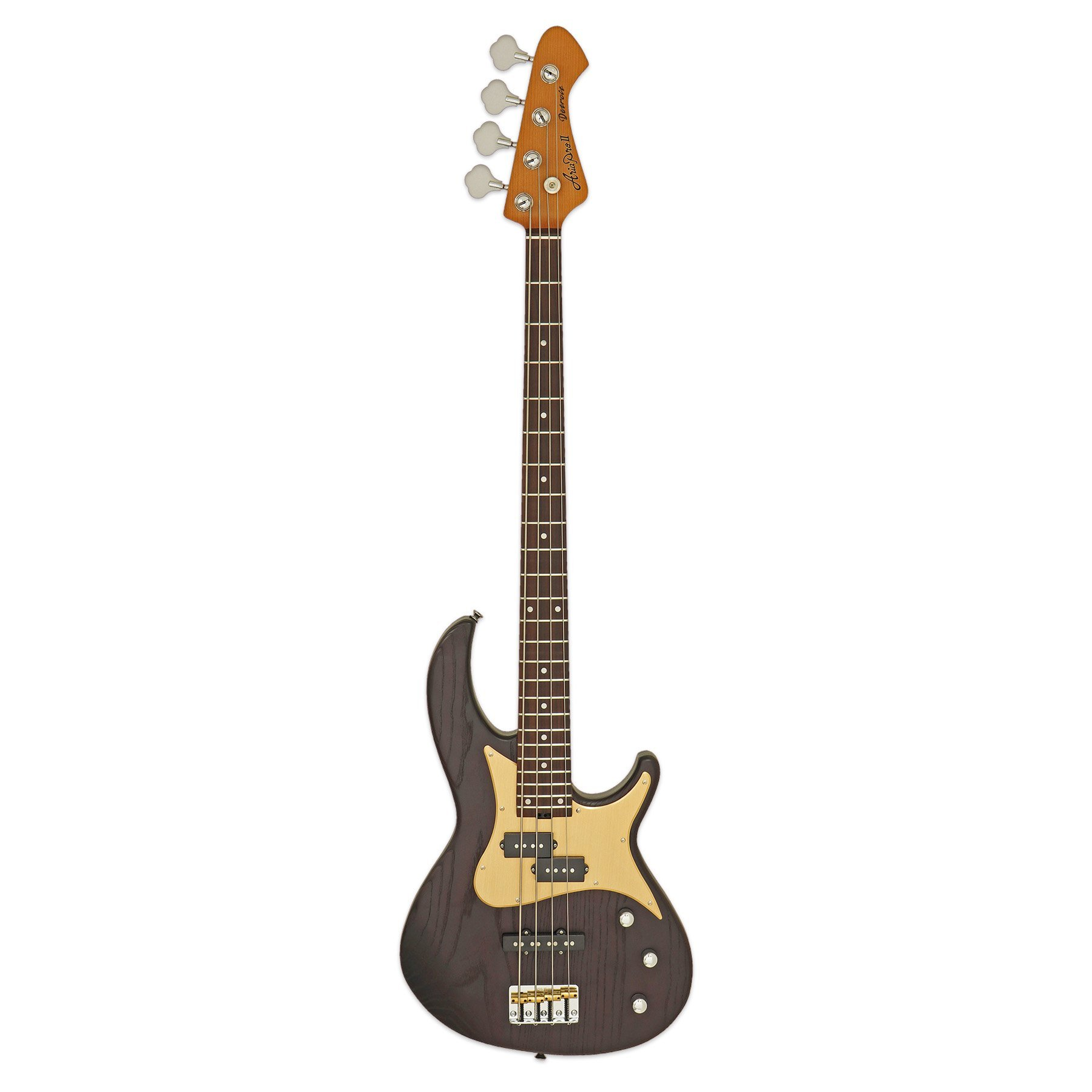 Altın pickguard'lı, dört telli koyu renkli bas gitar.
