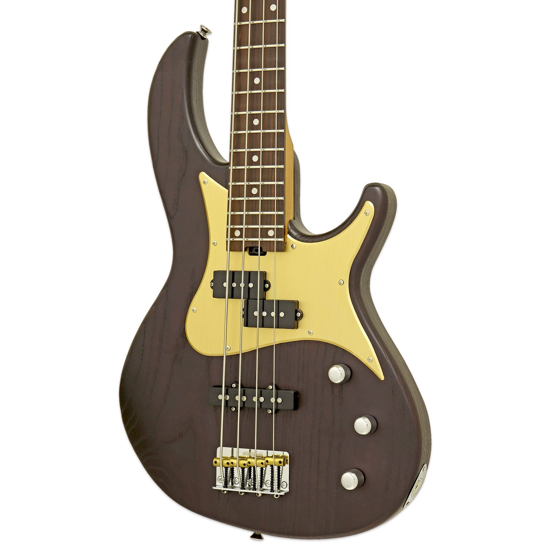 Dört telli, altın renkli pickguard'lı, koyu kahverengi elektro bas gitar.