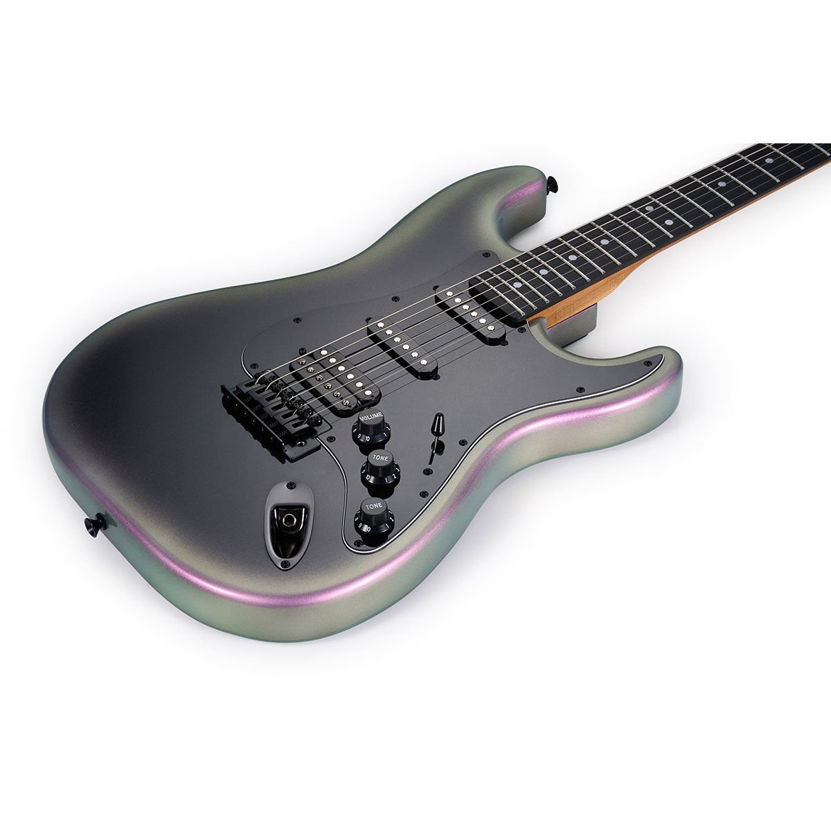 Koyu, simli gövdeli ve siyah düğmeli bir elektro gitar.