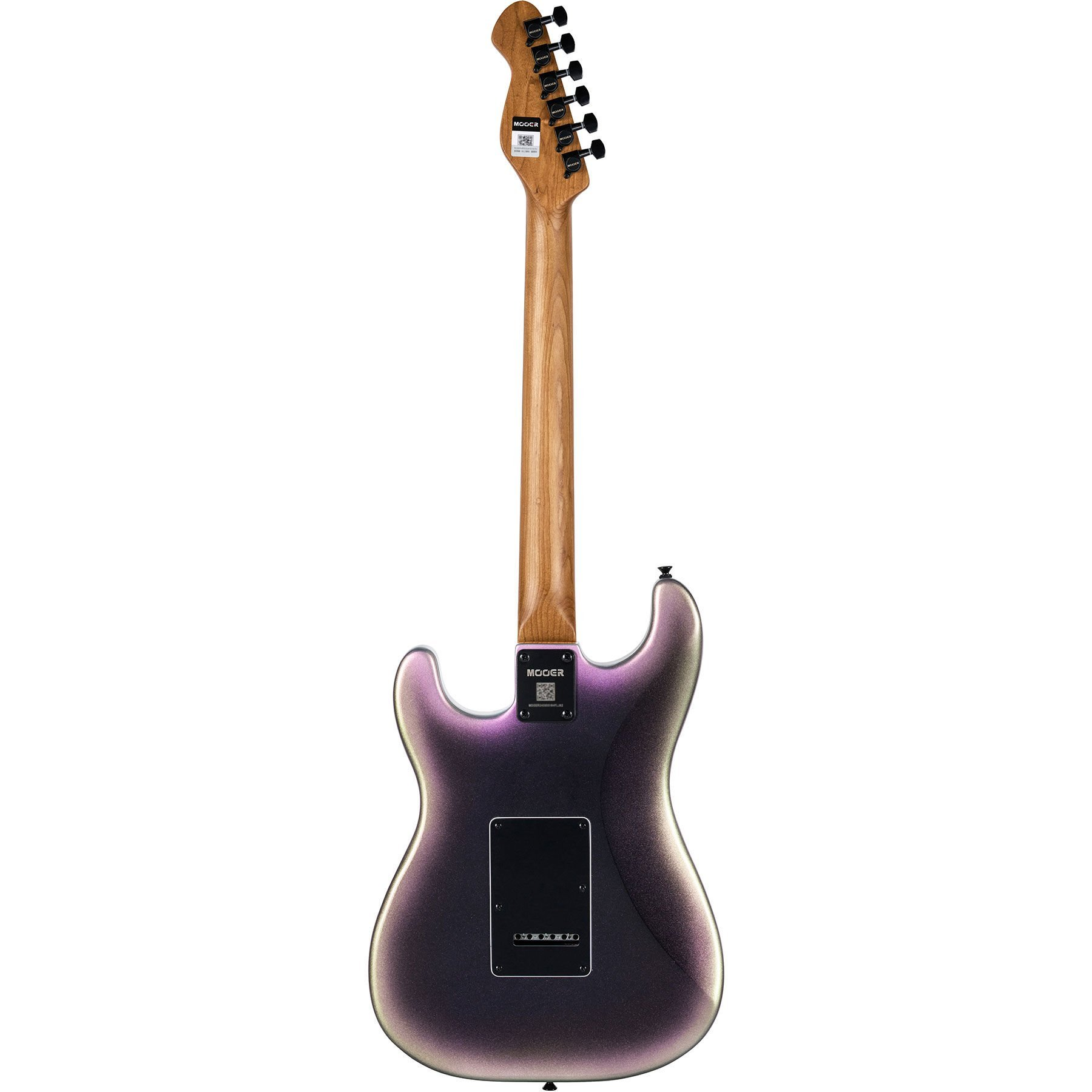 Mor parlak gövdeli ve ahşap saplı elektro gitarın arka görünümü.