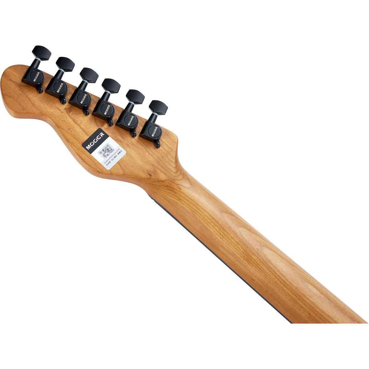 Altı siyah akort burgulu ve etiketli ahşap gitar sapının arkası.