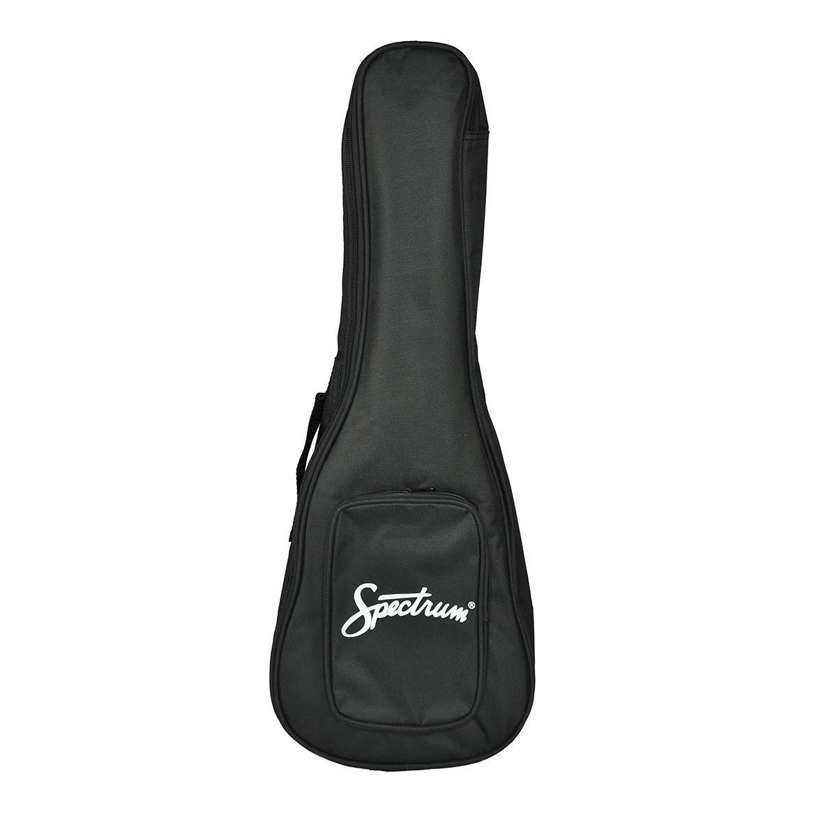 Beyaz "Spectrum" logolu ve fermuarlı cepli siyah gitar çantası.