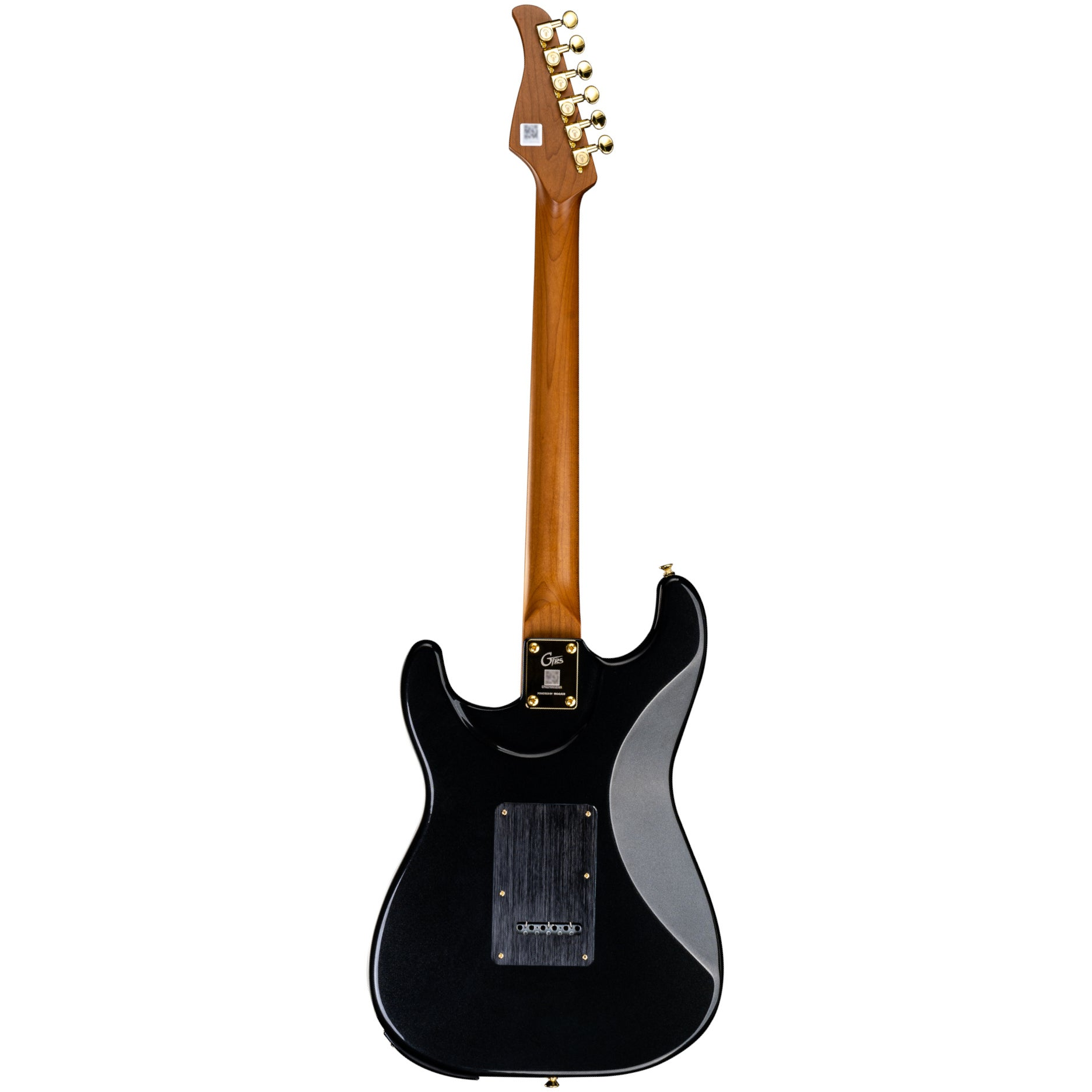 Altın donanımlı, ahşap saplı siyah elektro gitarın arka görünümü.
